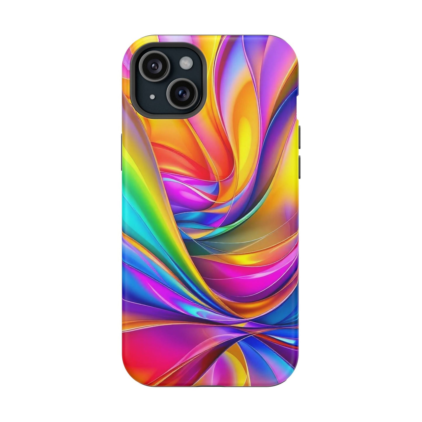 Deconstructed Rainbow Wave iPhone tough case with vibrant, colorful abstract swirl design and durable protective cover
