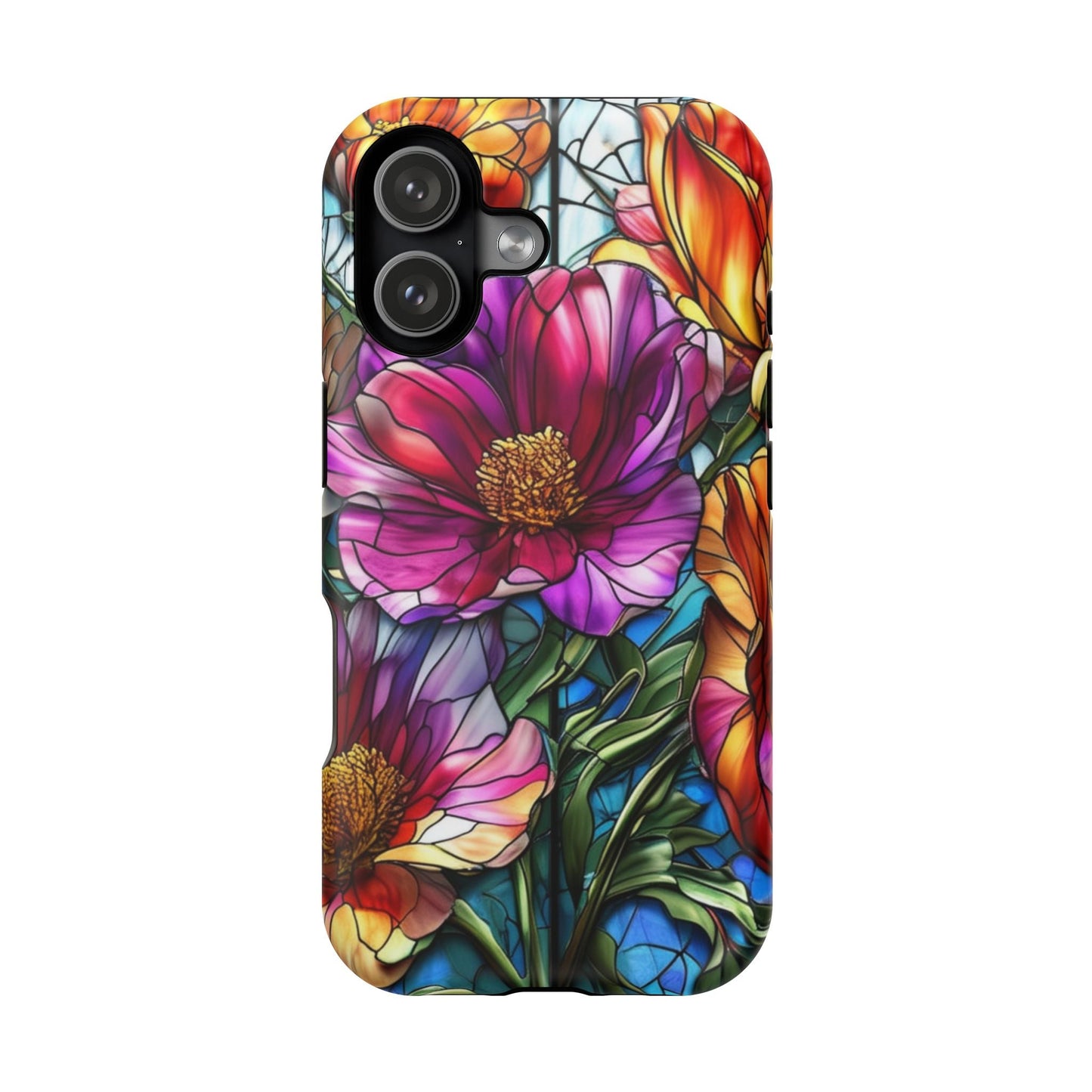 Vibrant purple flower iPhone case with durable polycarbonate, MagSafe compatible, colorful floral design.