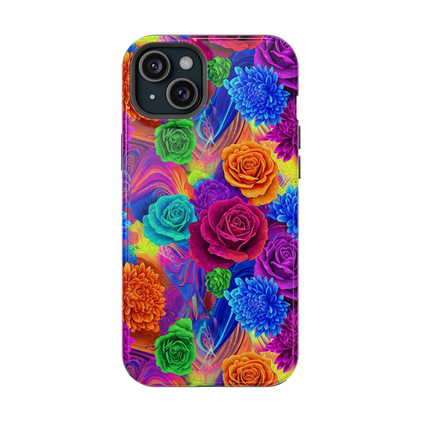 Colorful floral iPhone tough case with MagSafe compatibility and shock-absorbing protection