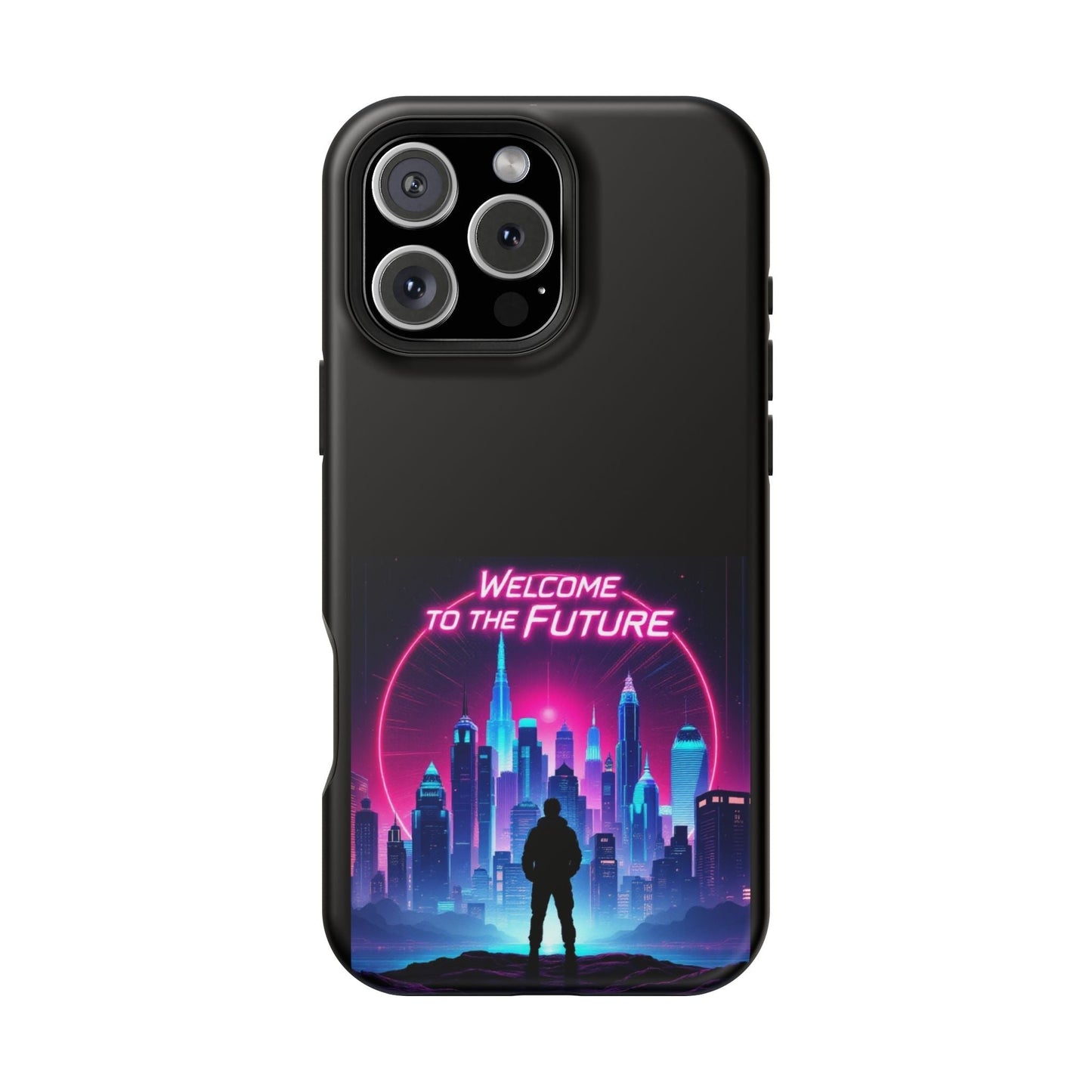 Futuristic Vibe iPhone Case with neon cityscape design and "Welcome to the Future" text, durable MagSafe compatible tough case.