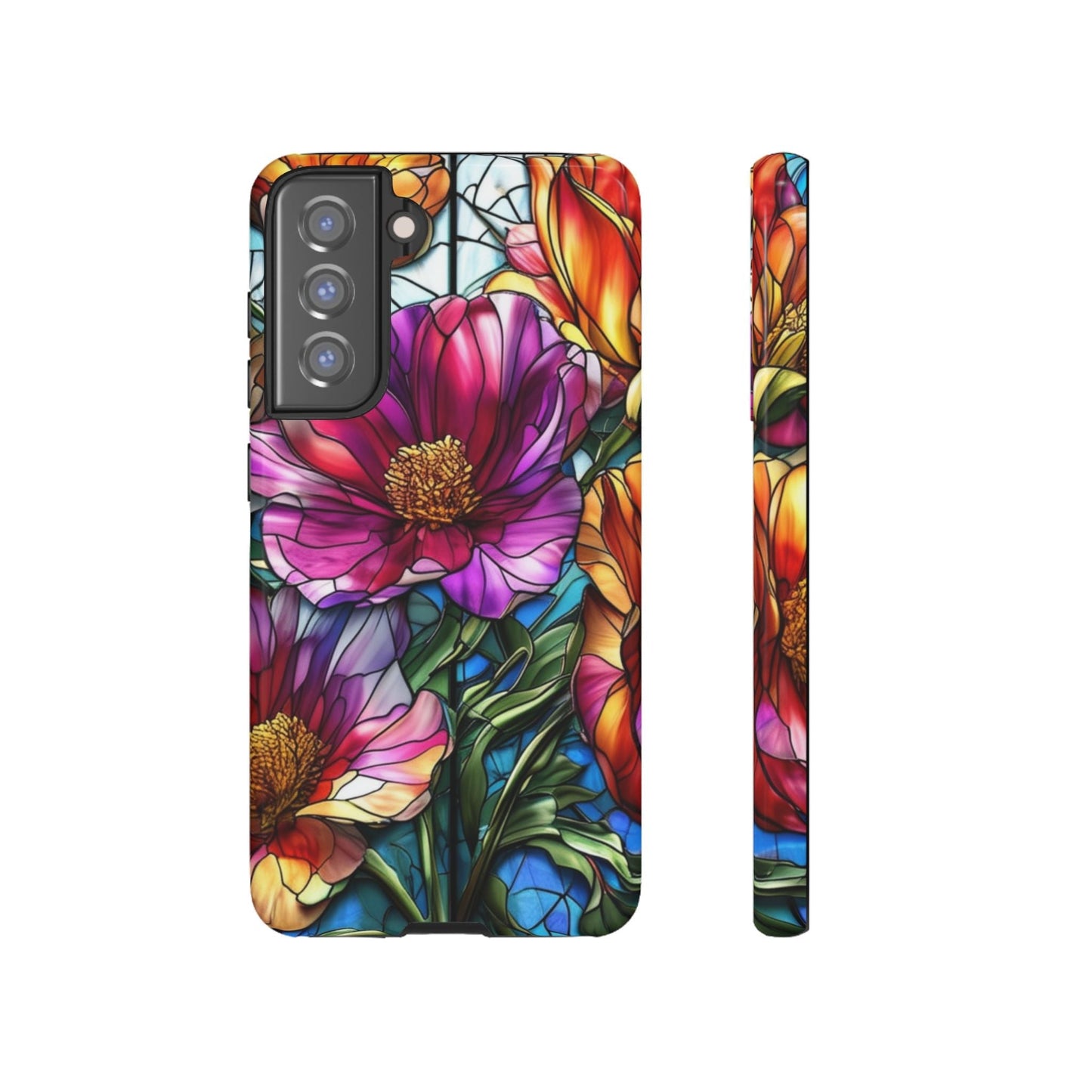 Samsung phone case with vibrant purple flower design, durable and impact-resistant with UV protection and wireless charging support