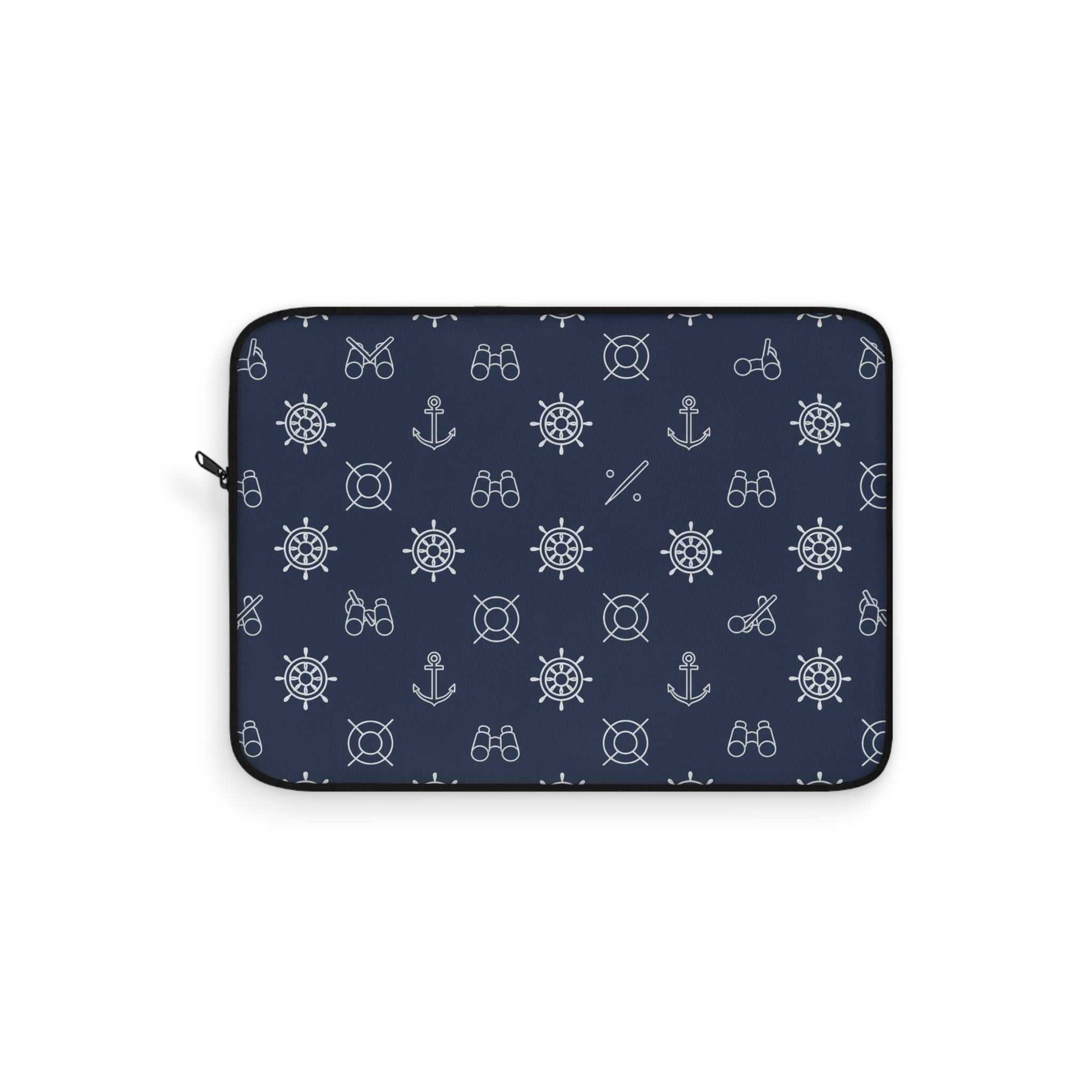 Nautical-inspired laptop sleeve with maritime stripes and anchor design, foam padding, and soft fleece interior for coastal style and protection