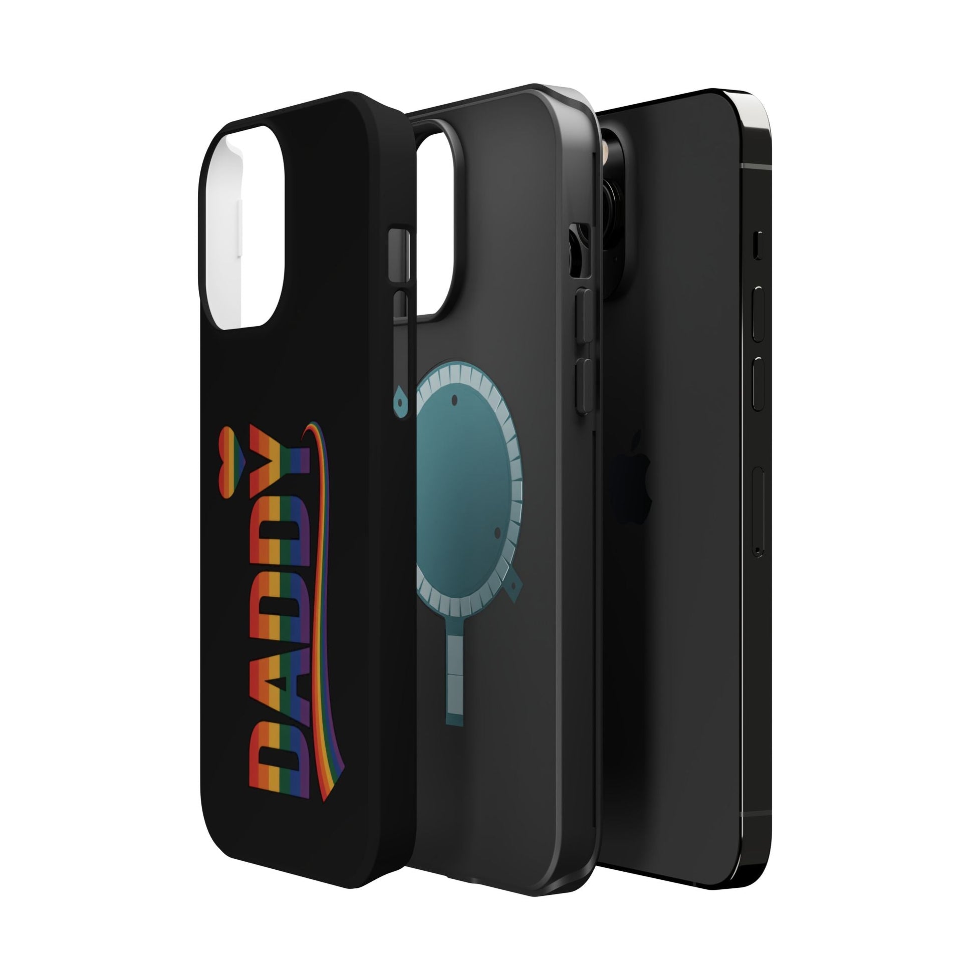 Fun Daddy LGBT Daddy iPhone tough case with rainbow text and polycarbonate TPU design, compatible with MagSafe accessories