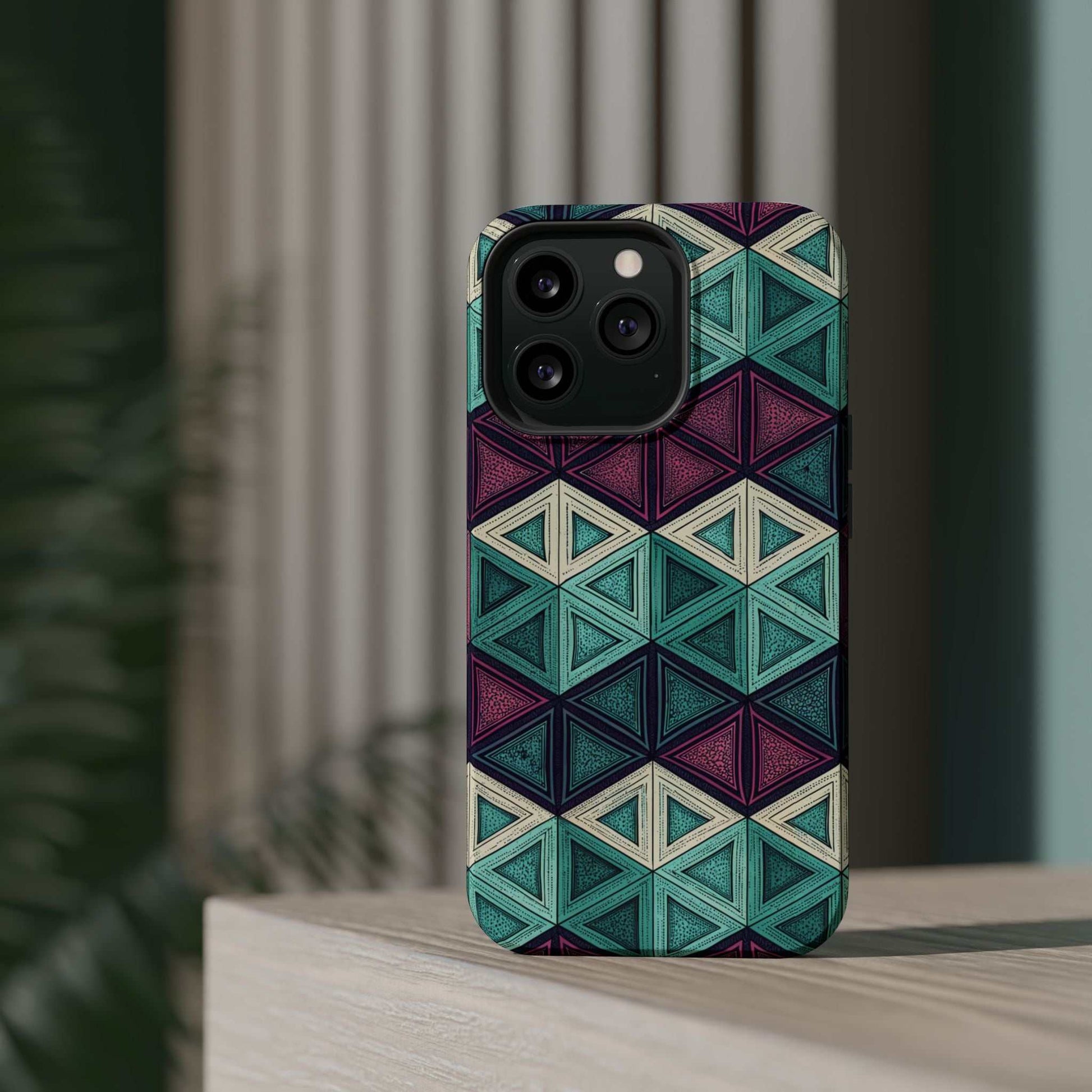 Purple and Teal Abstract geometric magnetic iPhone tough case with MagSafe compatibility and dual-layer protection