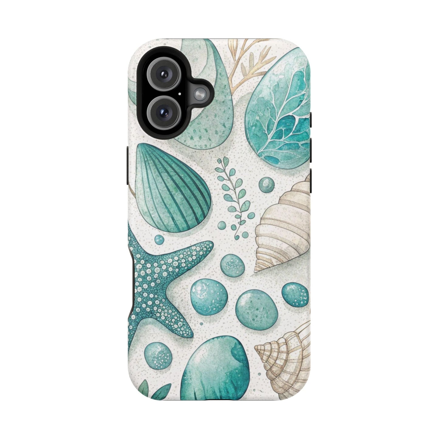 Celebration Sea iPhone Tough Case with sea shells and starfish design, durable protective phone cover with MagSafe magnet.