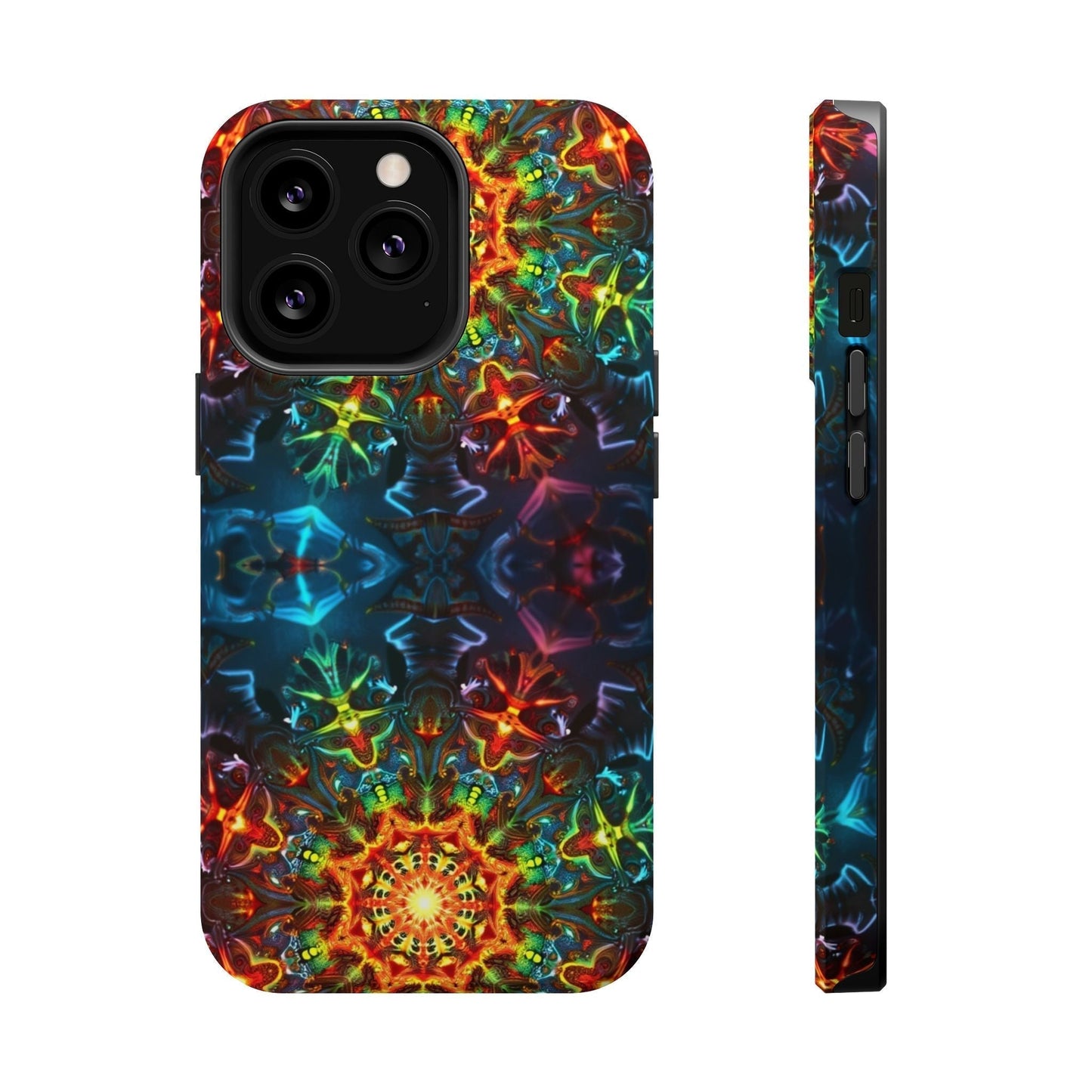 iPhone magnetic tough case with vibrant abstract kaleidoscope design and durable dual-layer protection