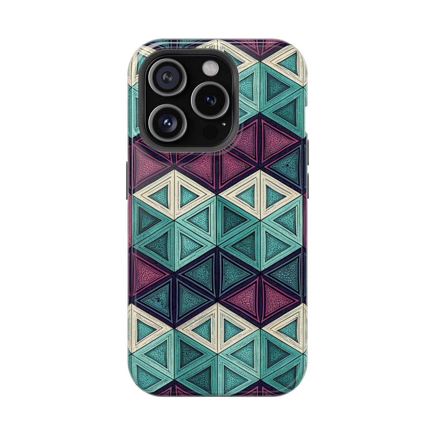Purple and teal abstract geometric pattern iPhone tough case with MagSafe compatibility and dual-layer protection