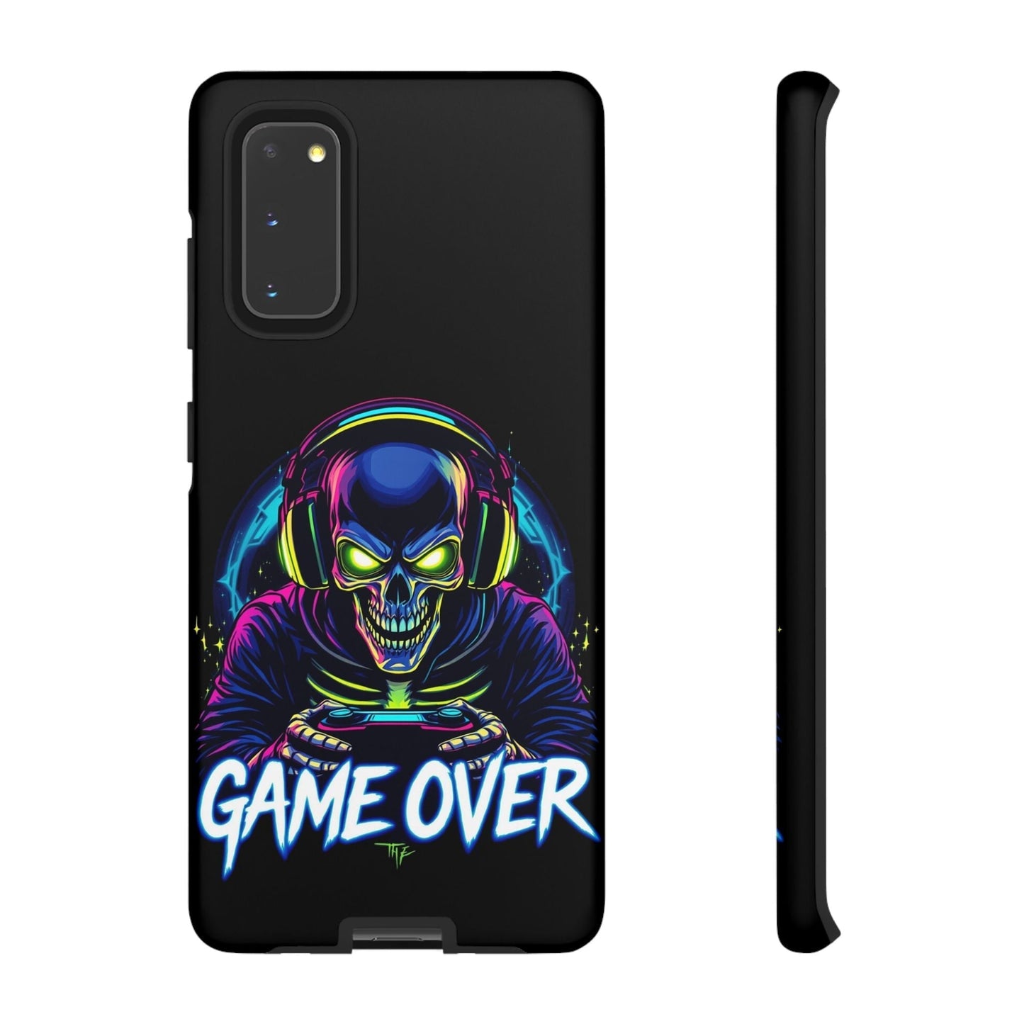 Black Samsung tough case with neon skull gamer design wearing headphones and holding a controller, featuring "Game Over" text in bold letters