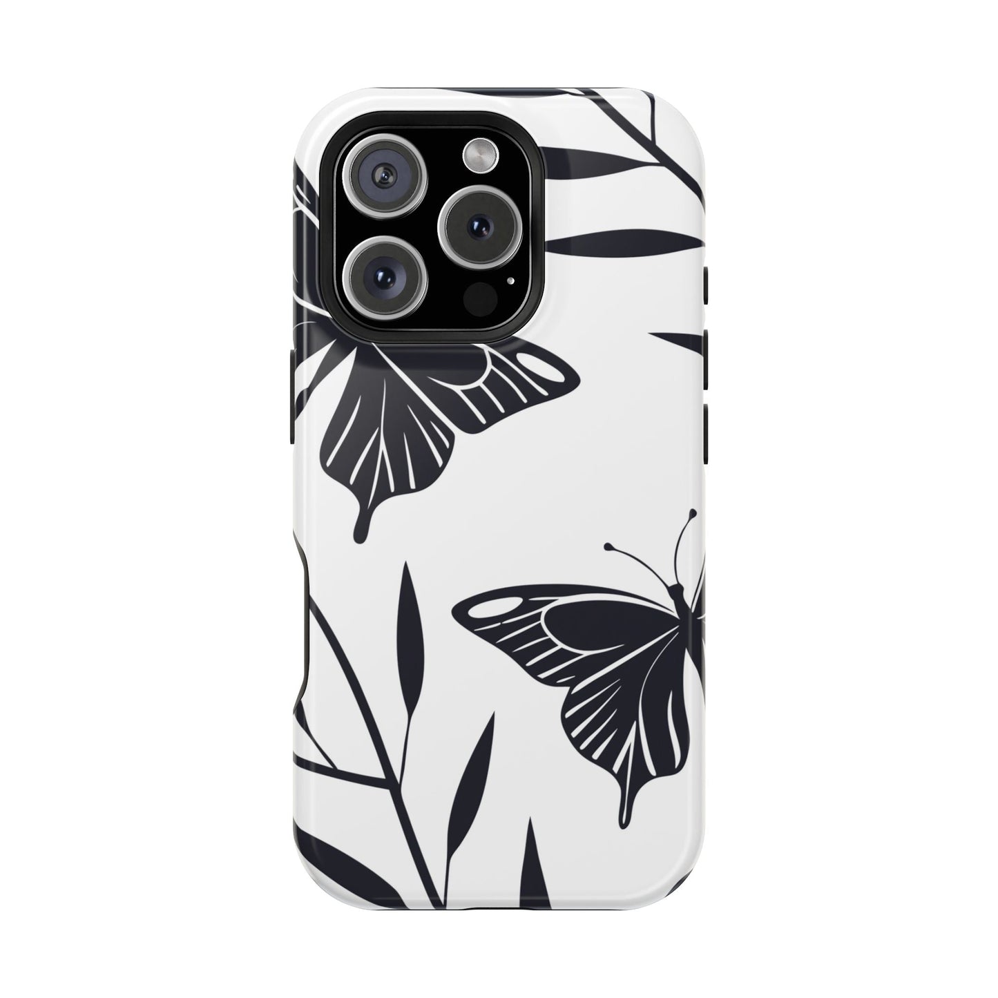 Black and white minimalist butterfly design iPhone case with durable protective dual-layer construction and MagSafe compatibility
