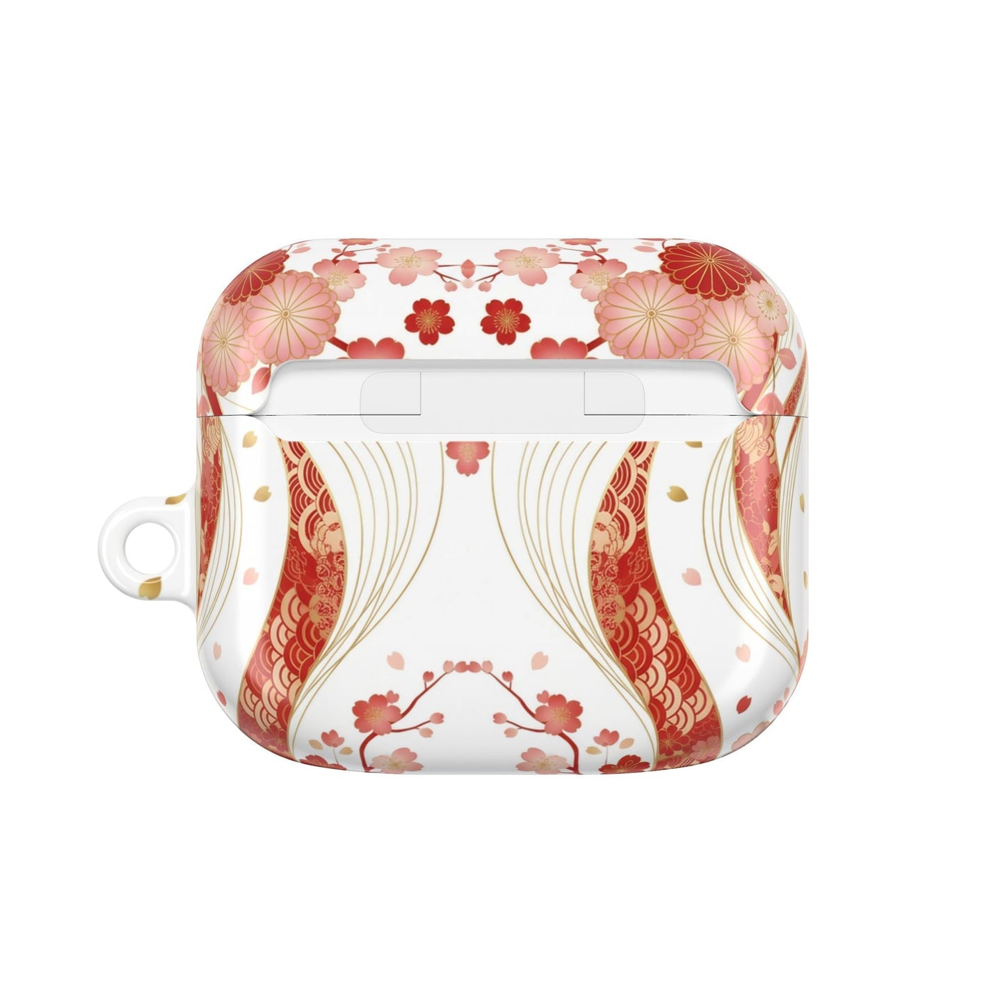 Red Golden Flower AirPod Case with floral design and gold accents, durable polycarbonate protection with carabiner attachment