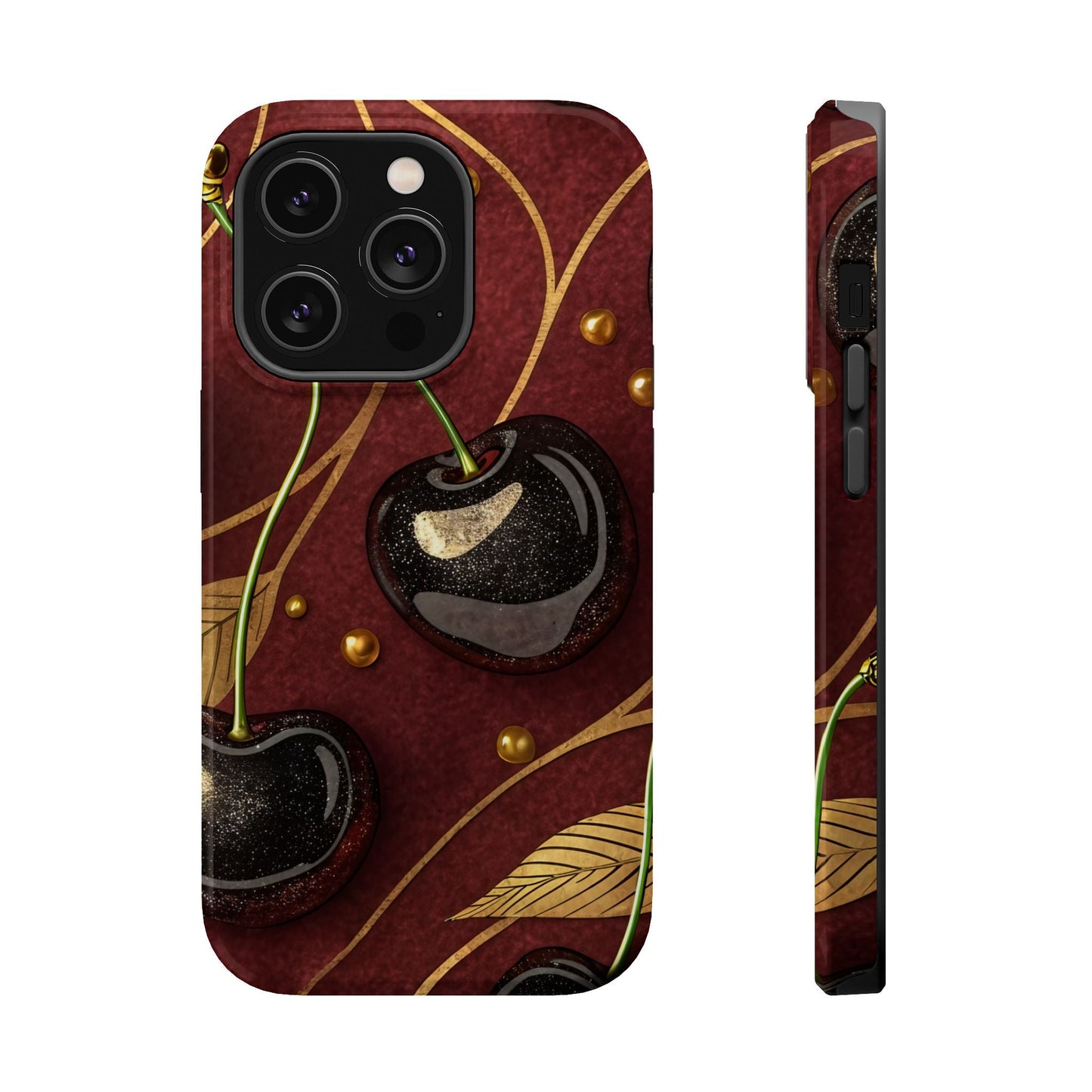 Golden Cherry iPhone Tough Case with glossy cherry-gold design, durable dual-layer protection, and MagSafe compatibility for iPhone 13 to 17 Pro Max