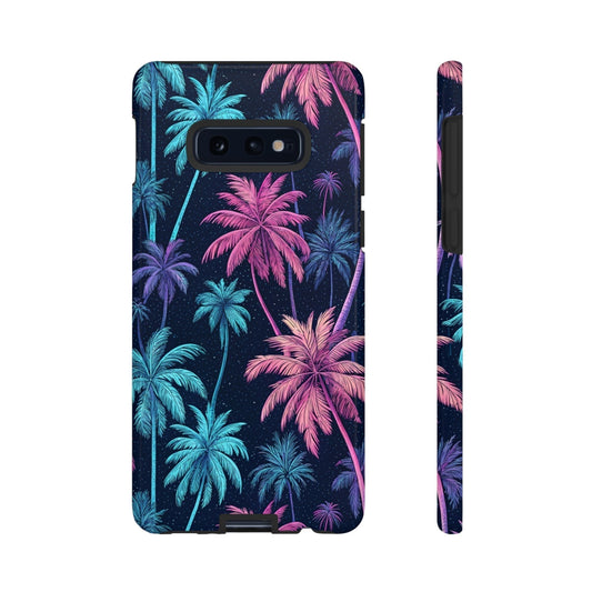 Samsung Galaxy phone case with vibrant neon pink and blue palm tree design, tropical summer style, durable and lightweight protection