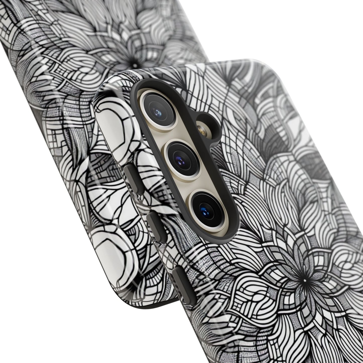 Black and White Art Explosion Samsung phone case with intricate 3D design and full protection