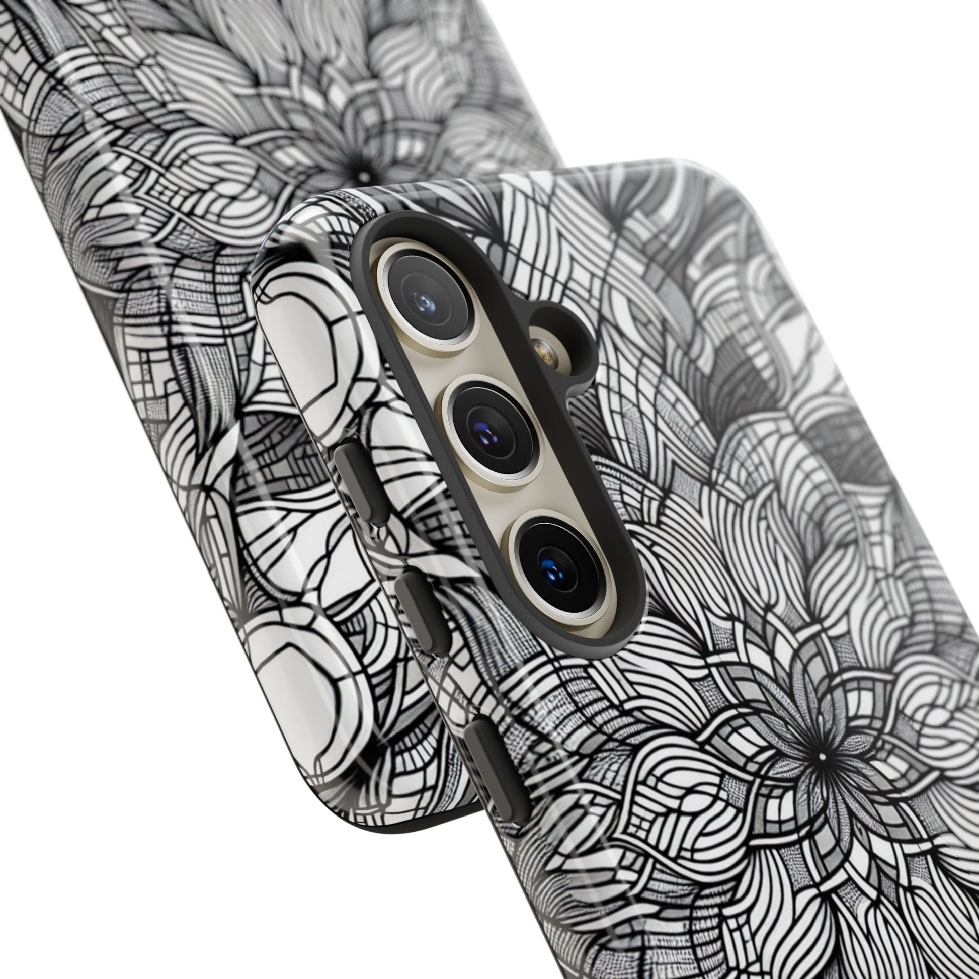 Black and White Art Explosion Samsung phone case with intricate 3D design and full protection