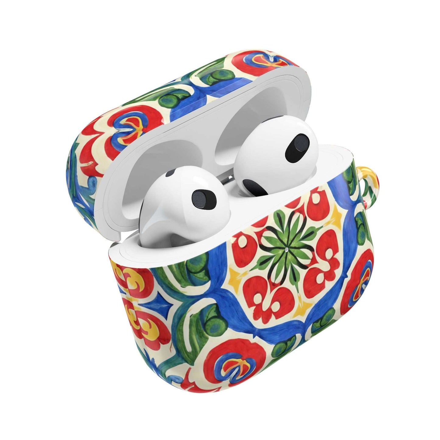 AirPods case with hand-painted Mediterranean folk tile design in vibrant blue, terracotta, and cream colors