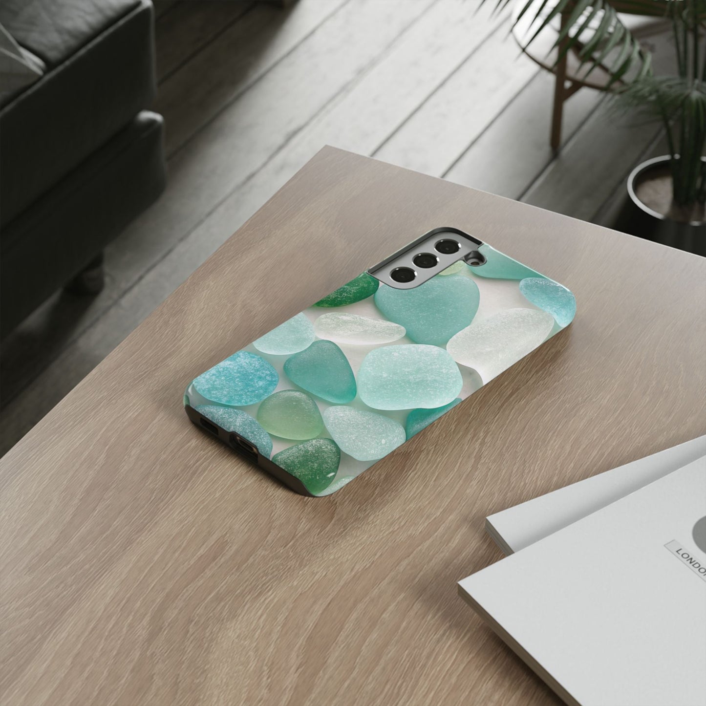 Samsung phone case with calming sea glass design in blue and green tones, durable and impact-resistant protection for Galaxy models