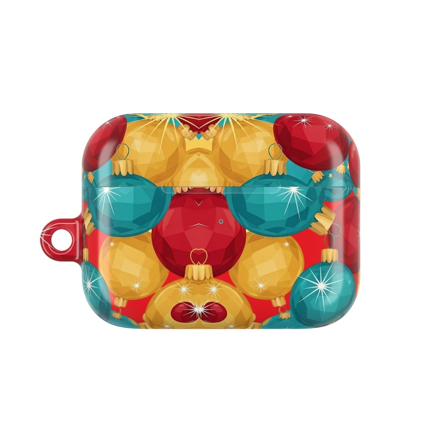 Christmas Tree Sparkle Bulb AirPod Case with red, gold, and teal ornament design
