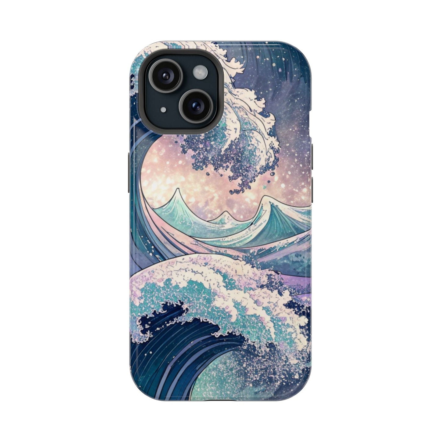 iPhone case with crashing waves design featuring magnetic tough polycarbonate and TPU construction in glossy or matte finish
