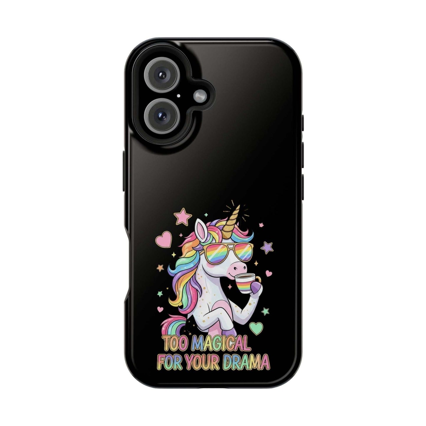 Black iPhone case with colorful unicorn and "Too Magical for Your Drama" text, impact-resistant polycarbonate design
