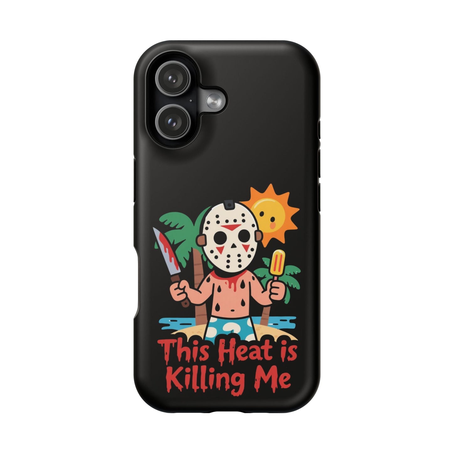 Summerween inspired iPhone case with humorous "This Heat is Killing Me" design and protective MagSafe compatibility