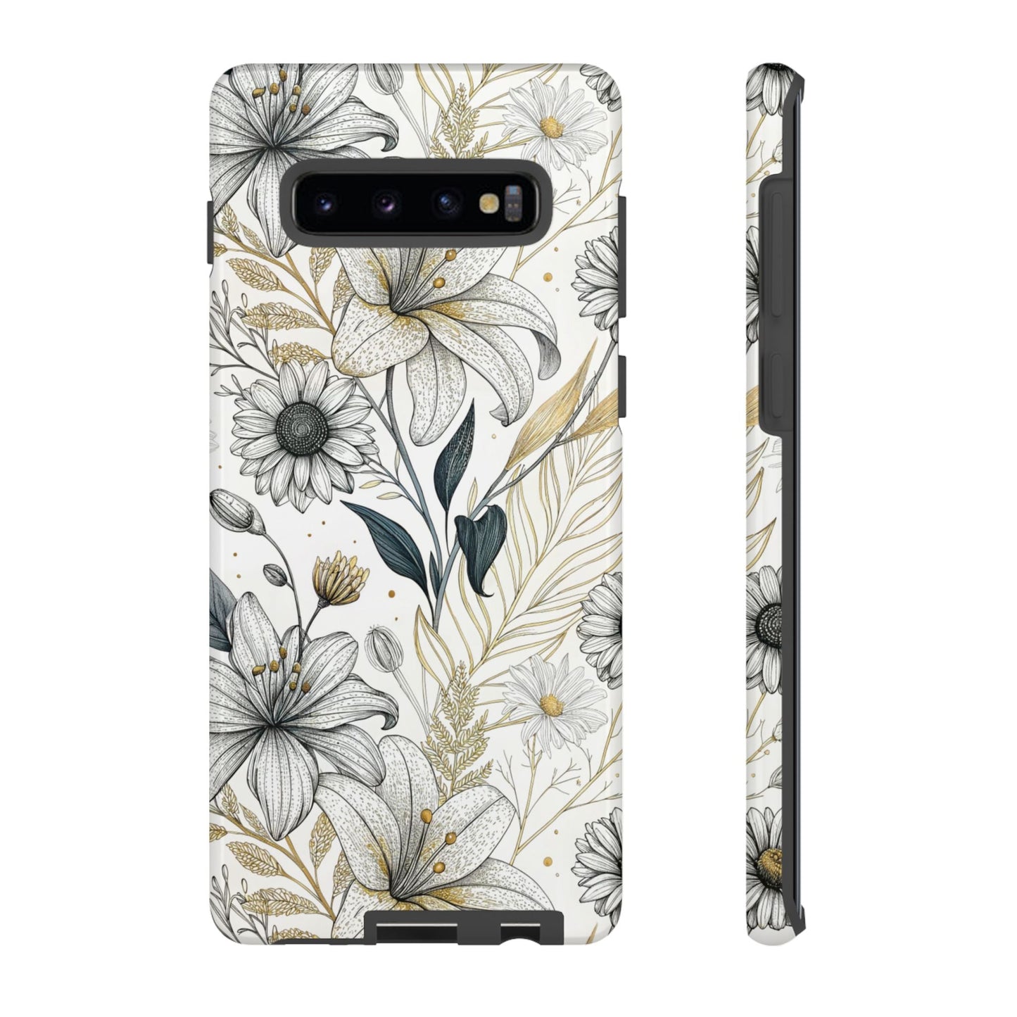 Samsung tough case with golden leaf minimalist floral design and durable protection