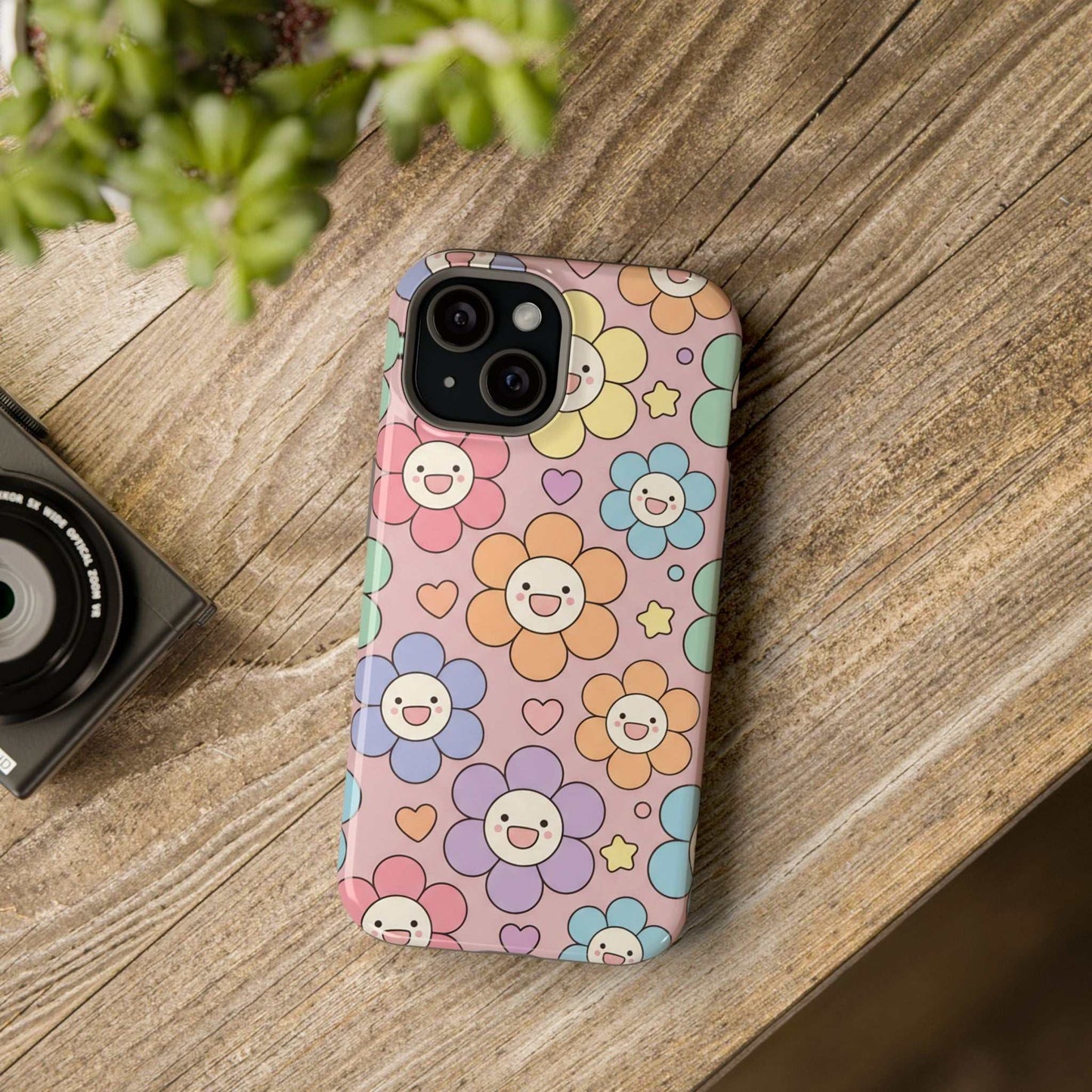 Happy Flower iPhone Tough Case with colorful smiling floral design and impact-resistant protection