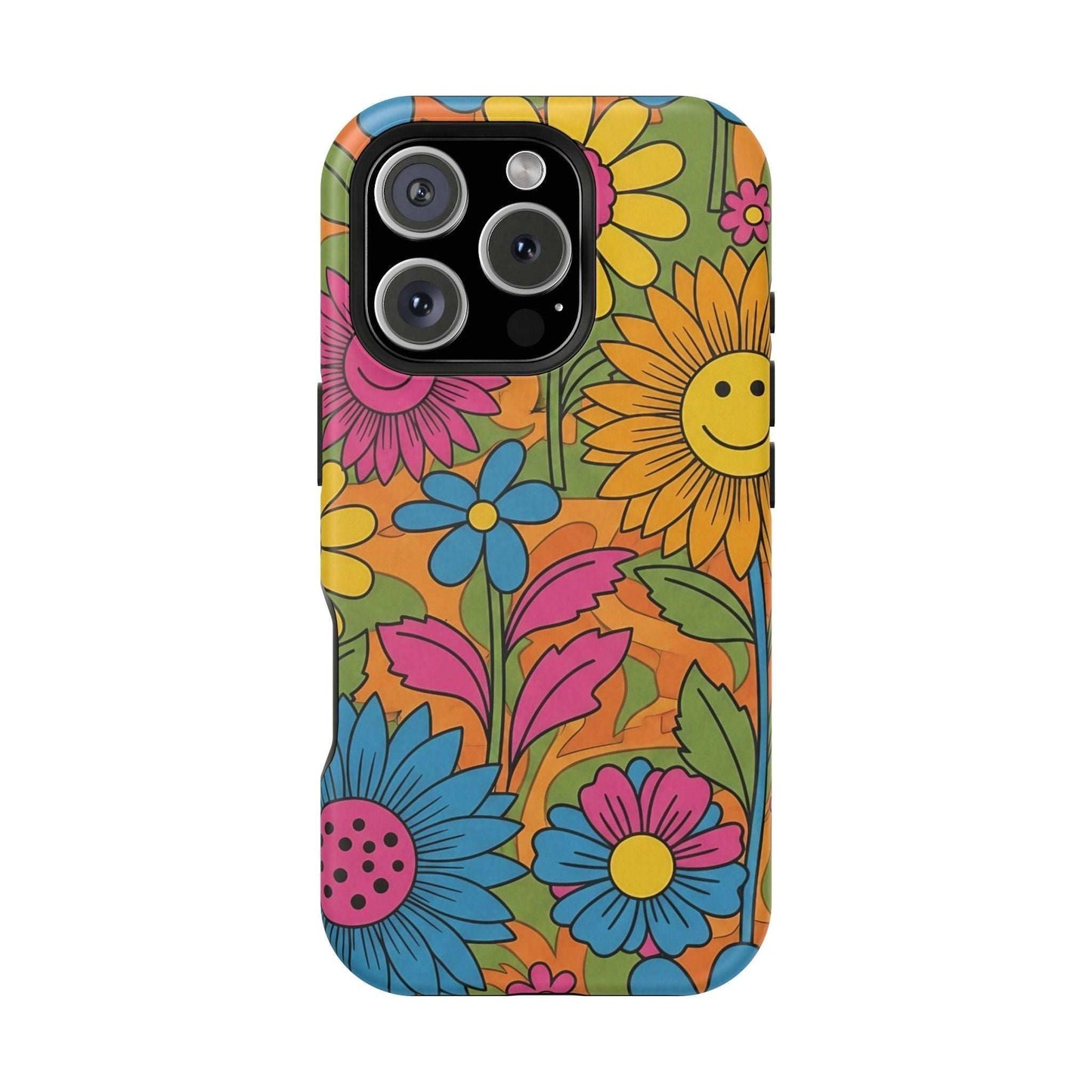 Flower Power iPhone Tough Case with vibrant retro floral design and durable polycarbonate protection