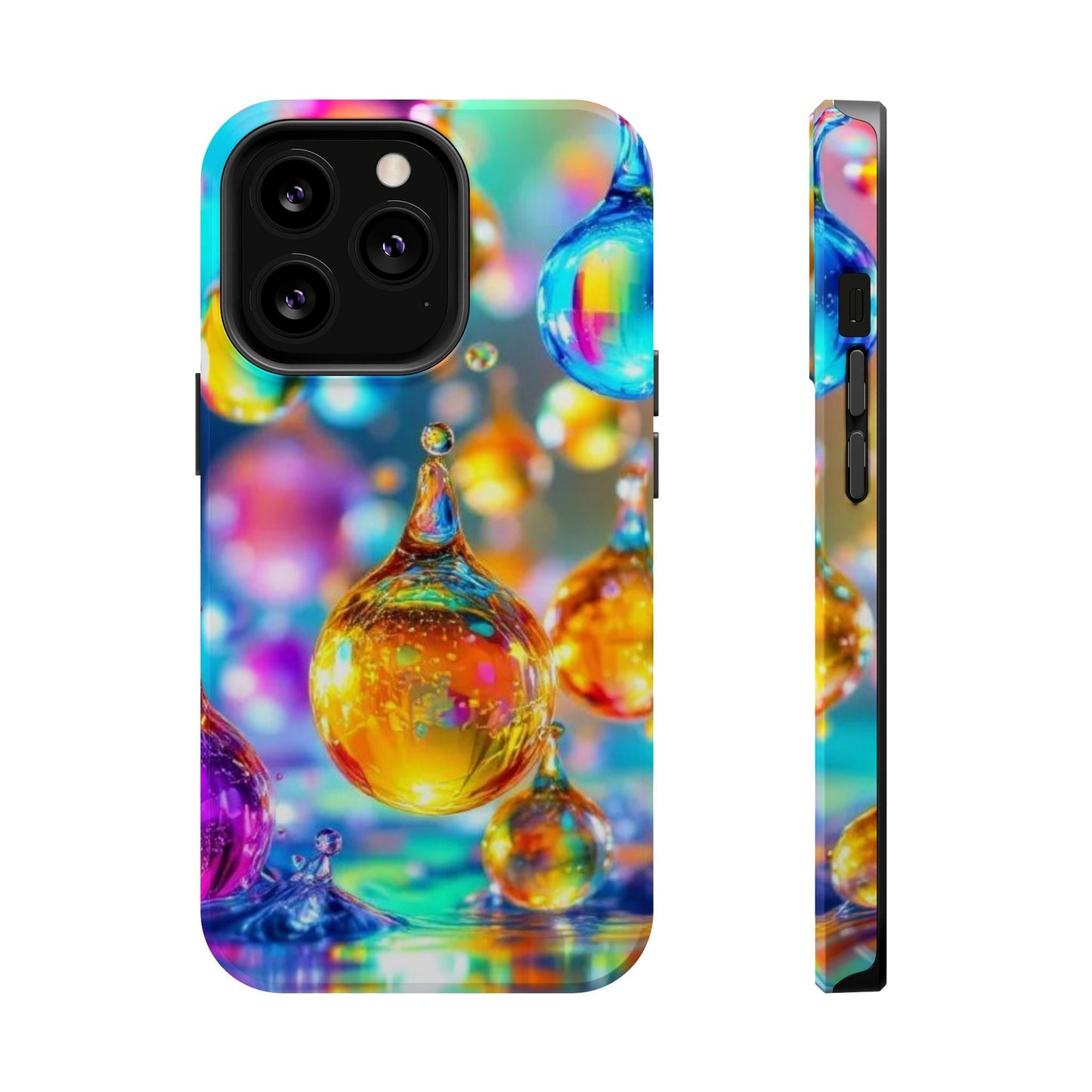 iPhone tough case with vibrant Golden Raindrop Design featuring colorful water droplet pattern and MagSafe compatibility