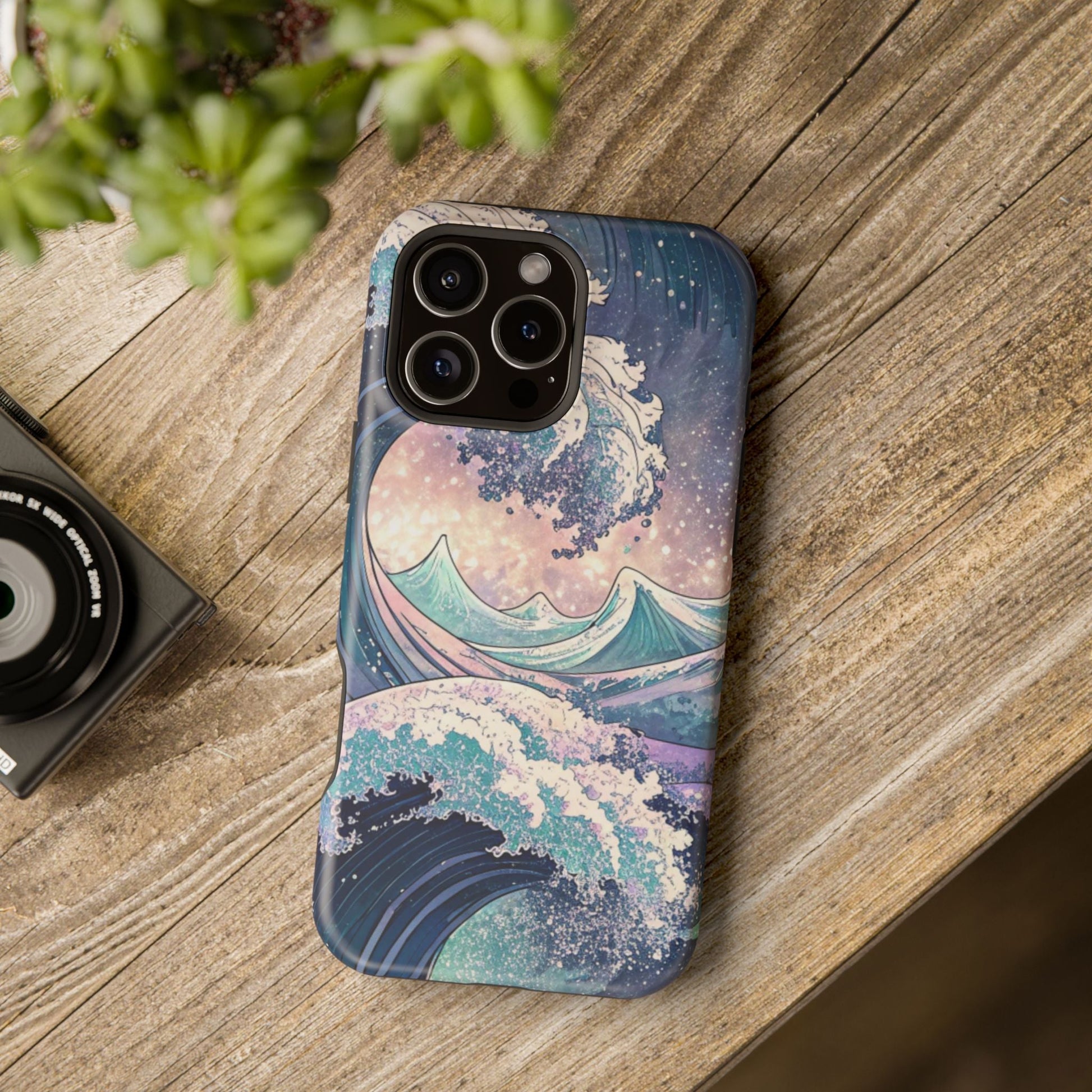Crashing Waves Design iPhone case with MagSafe compatibility and dual-layer protection on wooden surface
