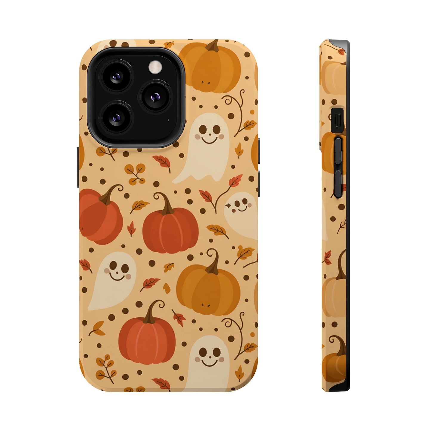 Spooky Pumpkins Halloween iPhone case with ghosts and pumpkins design, compatible with MagSafe, durable protective cover