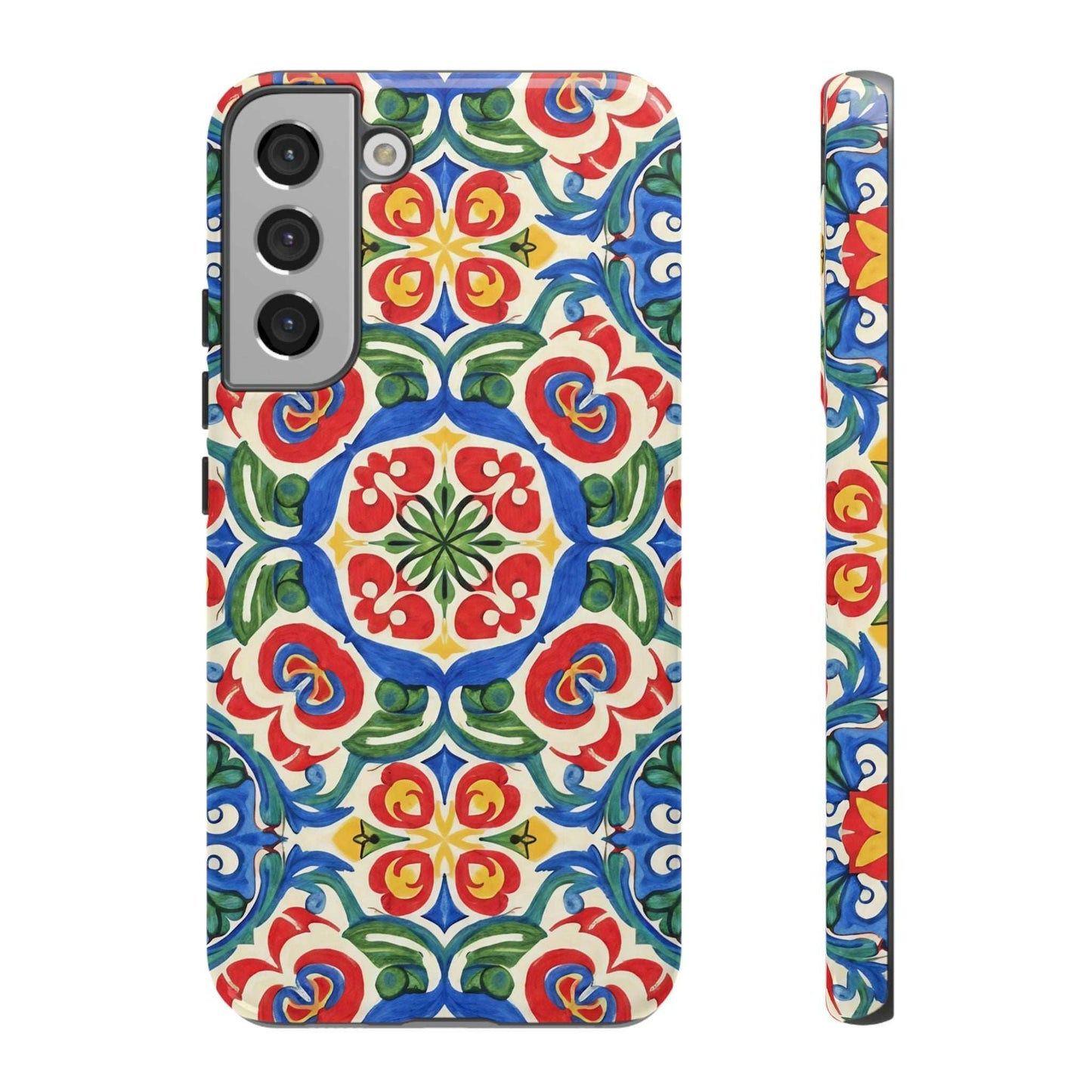 Mediterranean Samsung Case with hand-painted tile design, dual-layer protection, vibrant geometric floral pattern, and seamless 3D wrap.