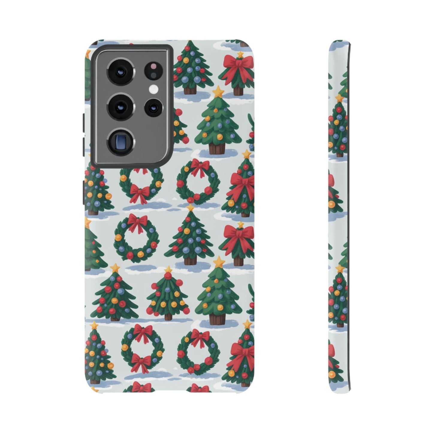 Samsung phone case with festive Holiday Wreath Tree and Christmas decorations pattern, durable protective design.