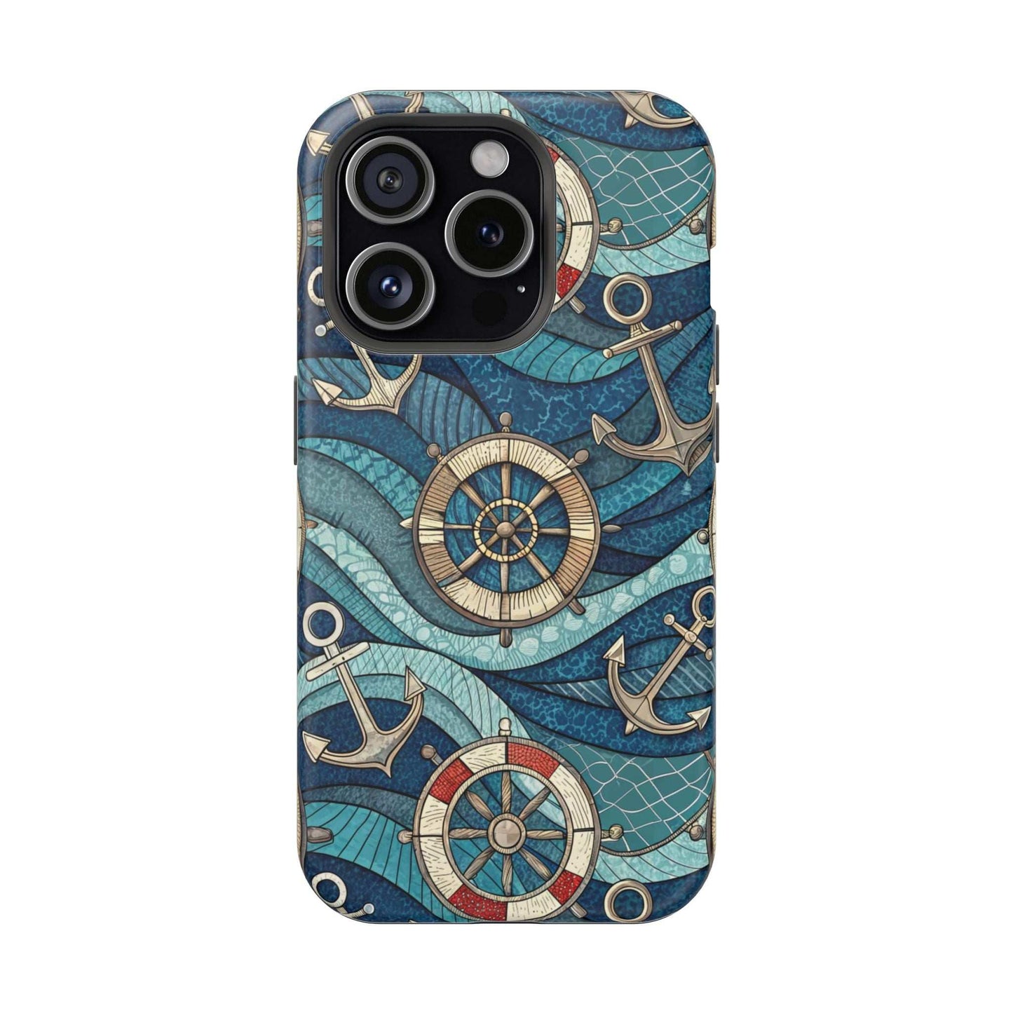Nautical theme iPhone case with anchors and ship wheels design for iPhone 13-16 series, durable protective coastal style phone cover