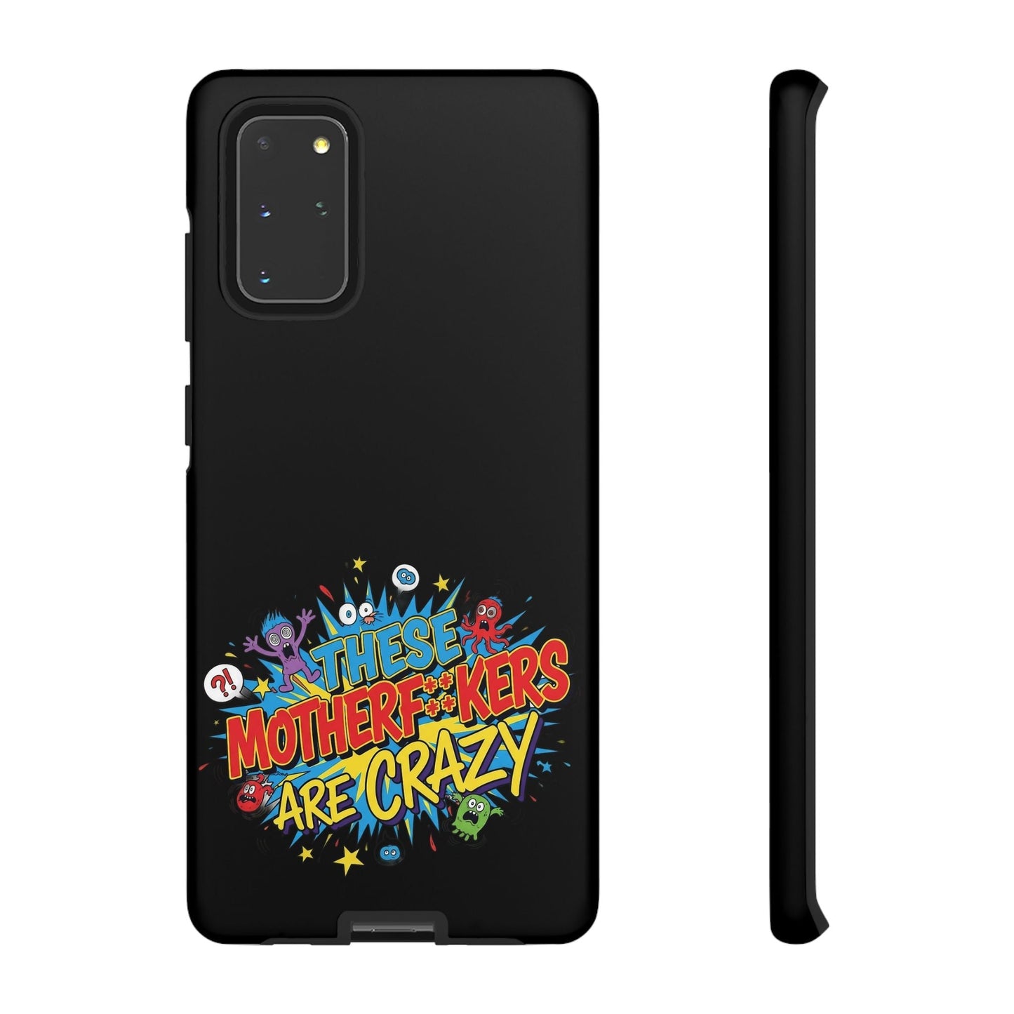 Funny Samsung phone case with bold colorful crazy characters and protective black design