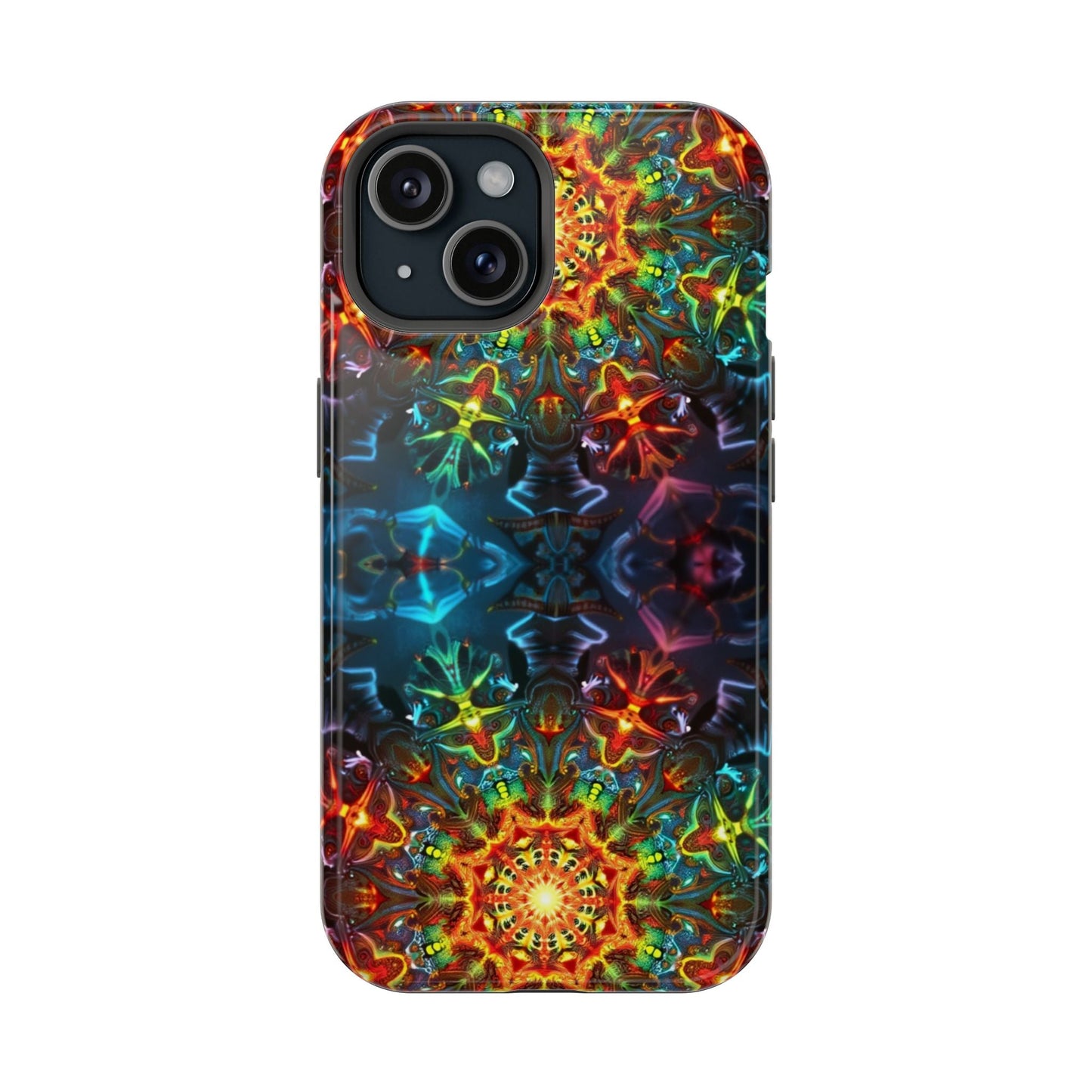 Colorful abstract kaleidoscope design iPhone case with dual-layer protection and MagSafe compatibility