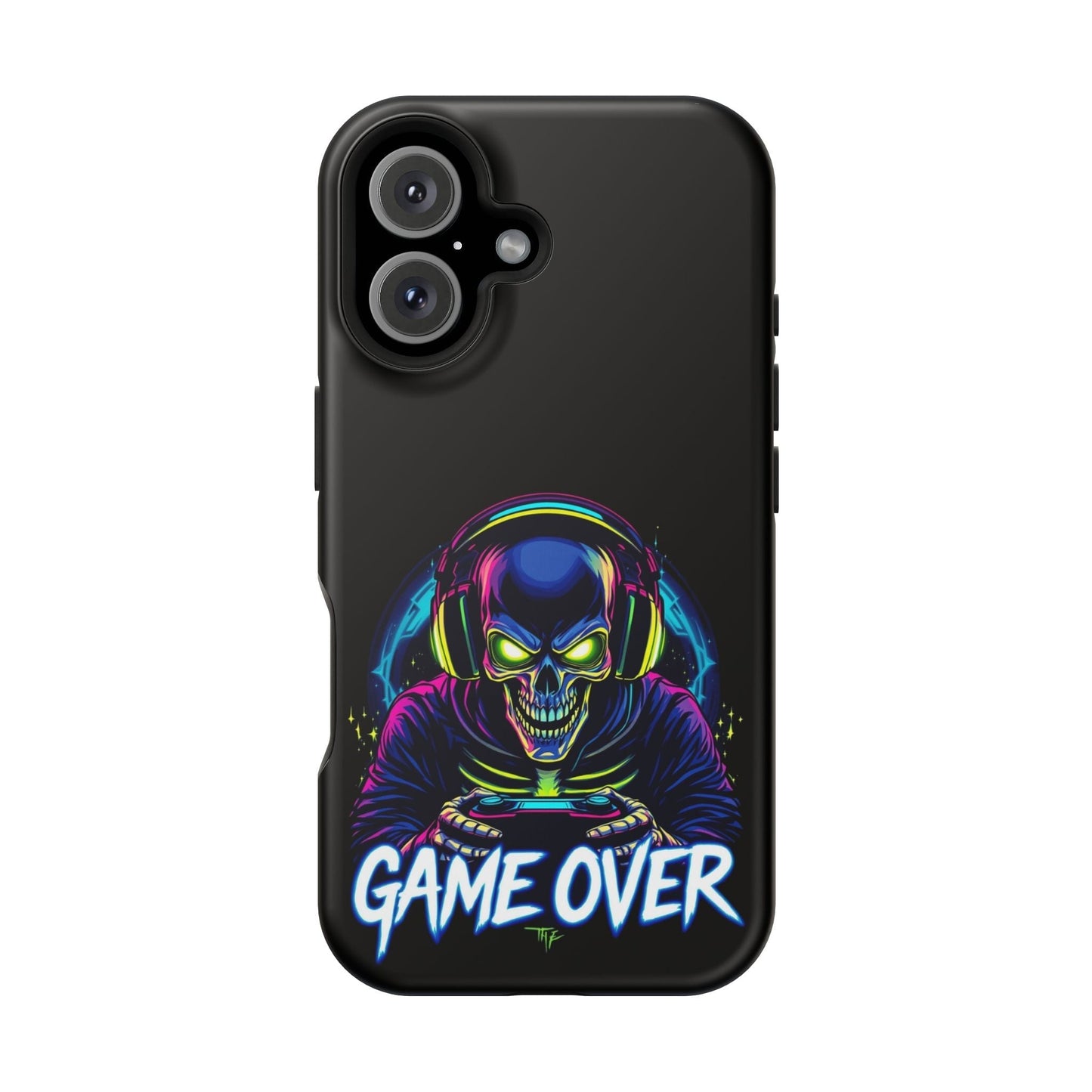 Game Over Gamer iPhone tough case with skull gamer graphic, dual-layer protection, and MagSafe compatibility