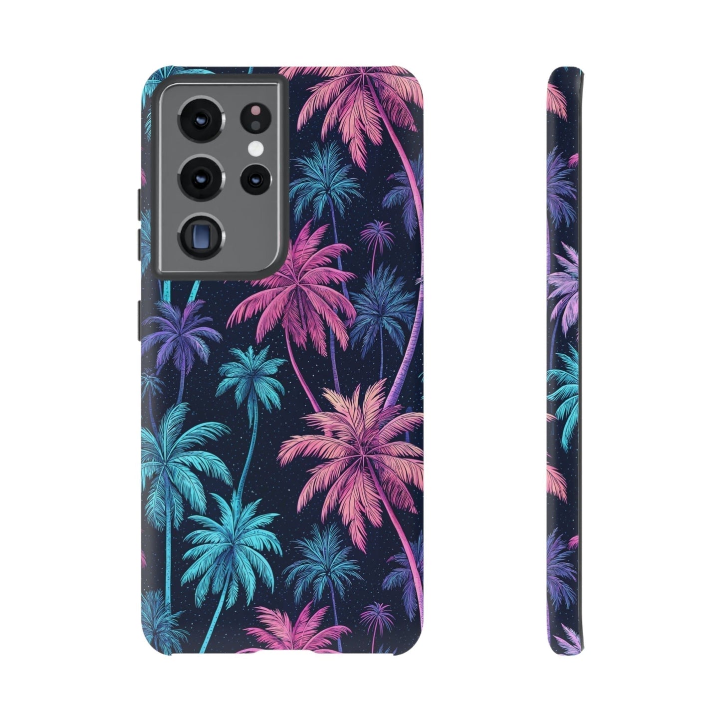 Neon Palm Tree Phone Case for Samsung Galaxy with vibrant pink and blue glowing palm tree design and durable slim fit.
