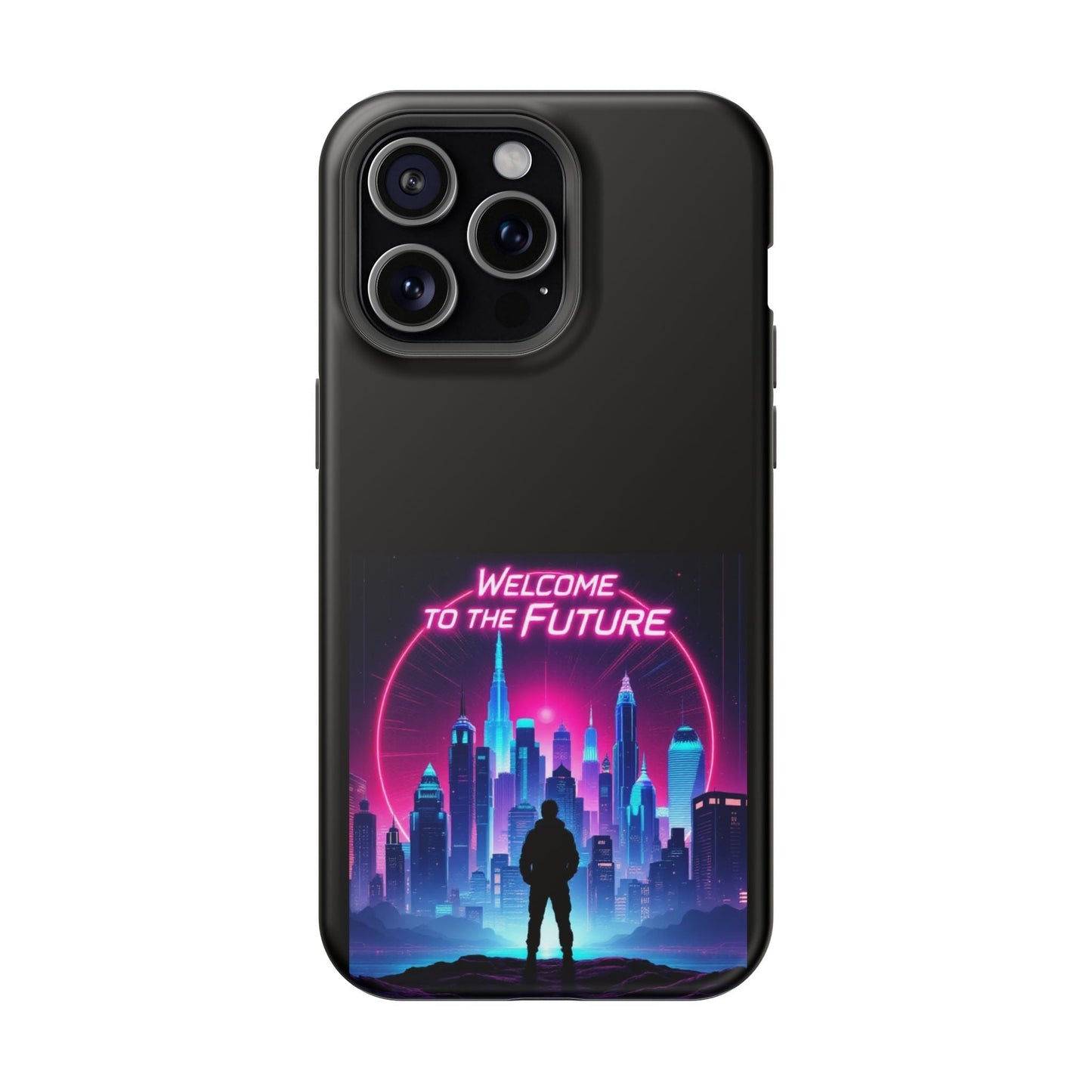Futuristic Vibe iPhone Case with neon cityscape design and MagSafe compatible tough protection