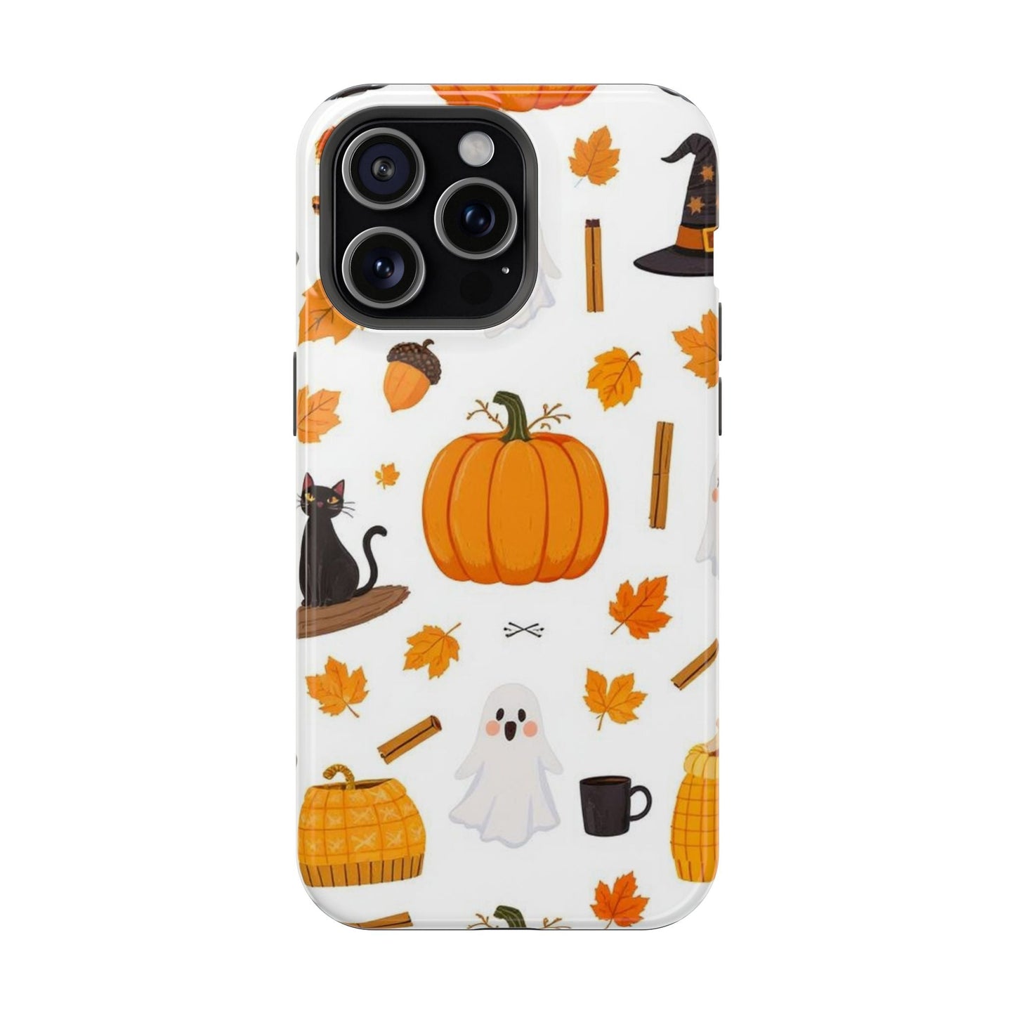 iPhone case with Halloween pumpkins, ghosts, leaves, and spooky-themed illustrations in white background