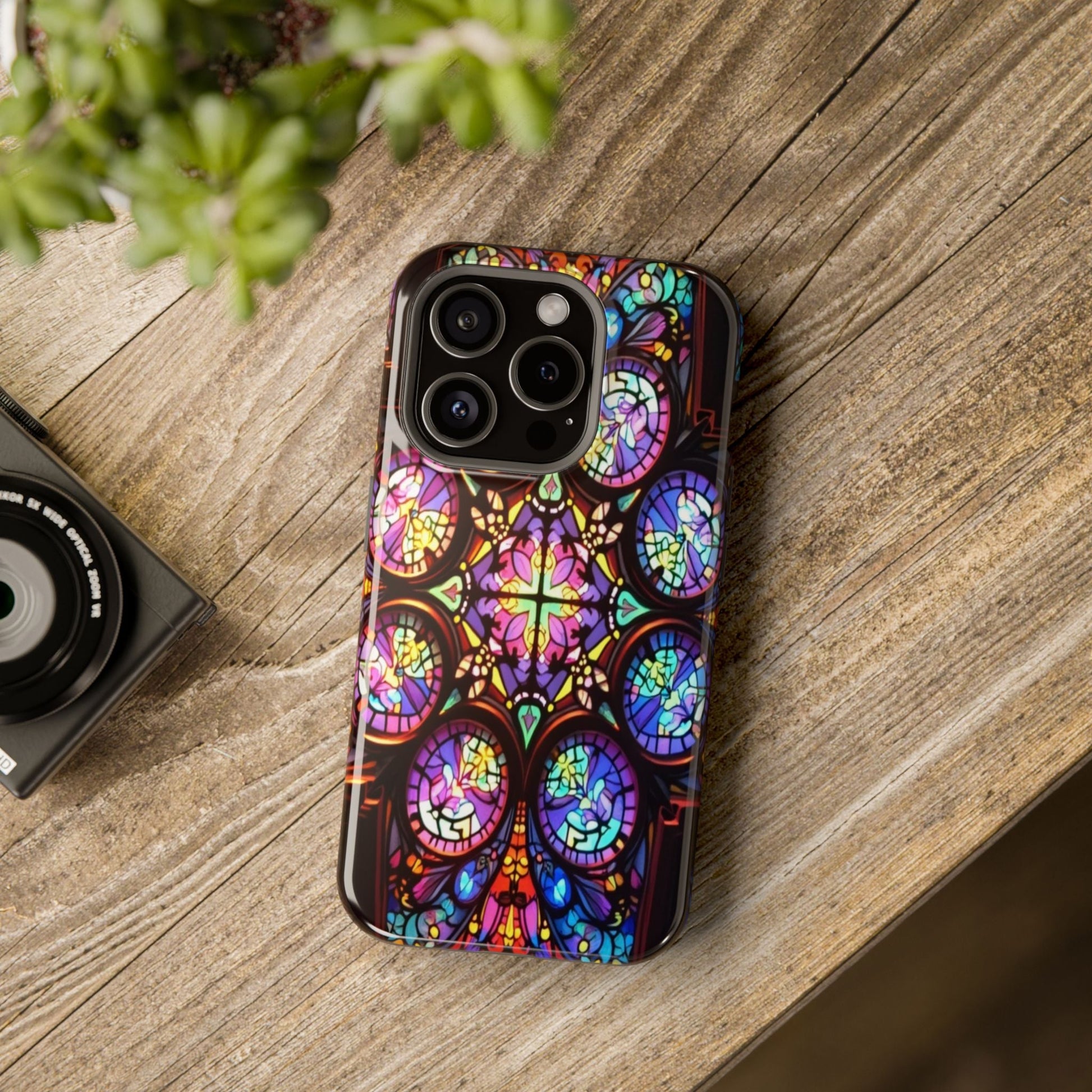 iPhone tough case with colorful hypnotic stained glass design and durable protective cover