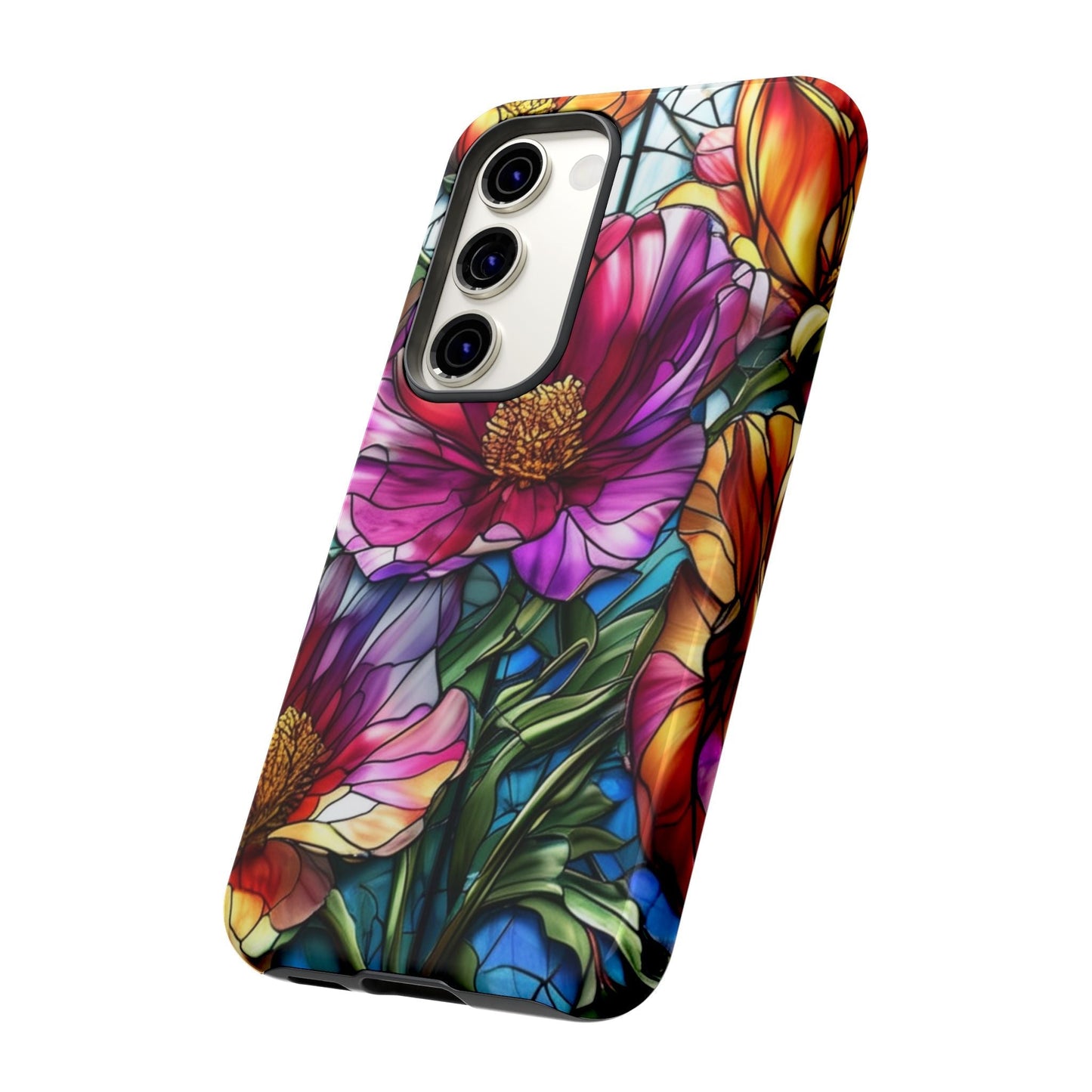 Samsung phone case with vibrant purple flower design, durable and impact-resistant, featuring 3D wrap, UV protection, and wireless charging support