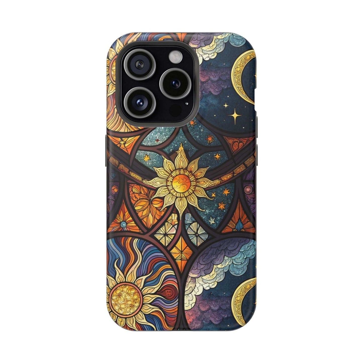 Sun and Moon iPhone Case with cosmic celestial design for iPhone 13 to 16, durable dual-layer protection and MagSafe compatible