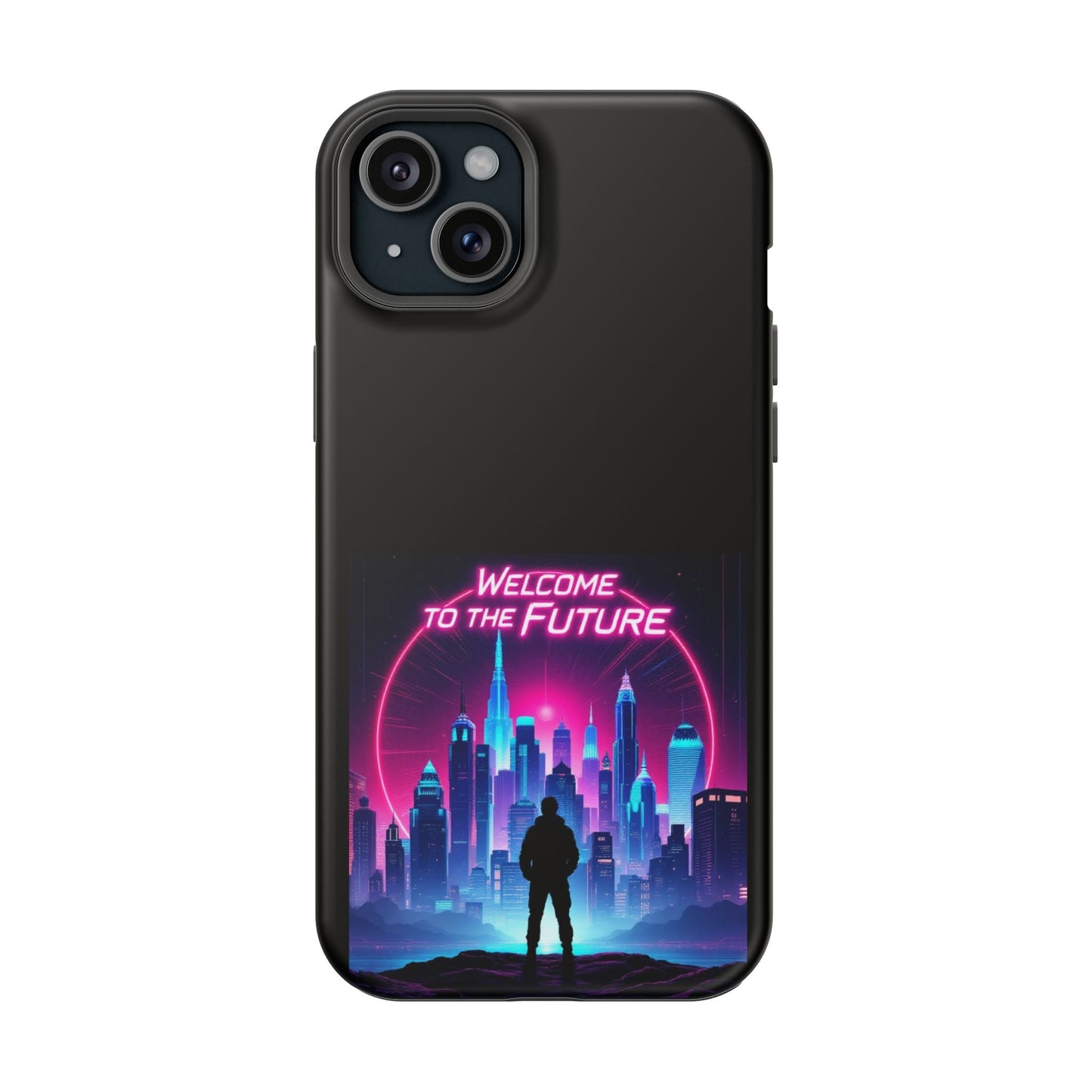 Futuristic Vibe iPhone Case with neon cityscape and "Welcome to the Future" text, durable MagSafe compatible tough case