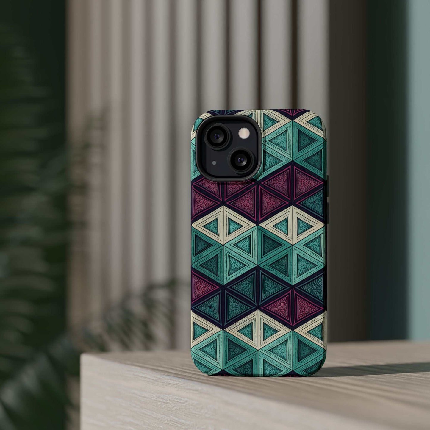 Purple and teal abstract geometric pattern iPhone tough case with MagSafe compatibility
