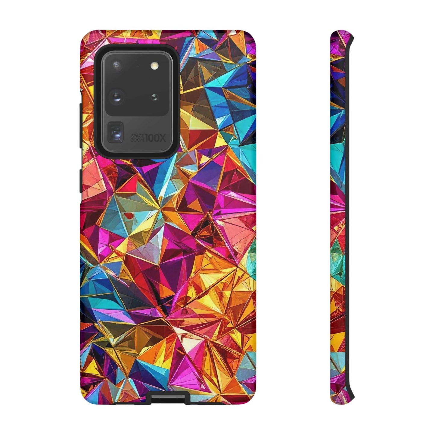 Samsung phone case with vibrant rainbow foil geometric design and impact-resistant protection