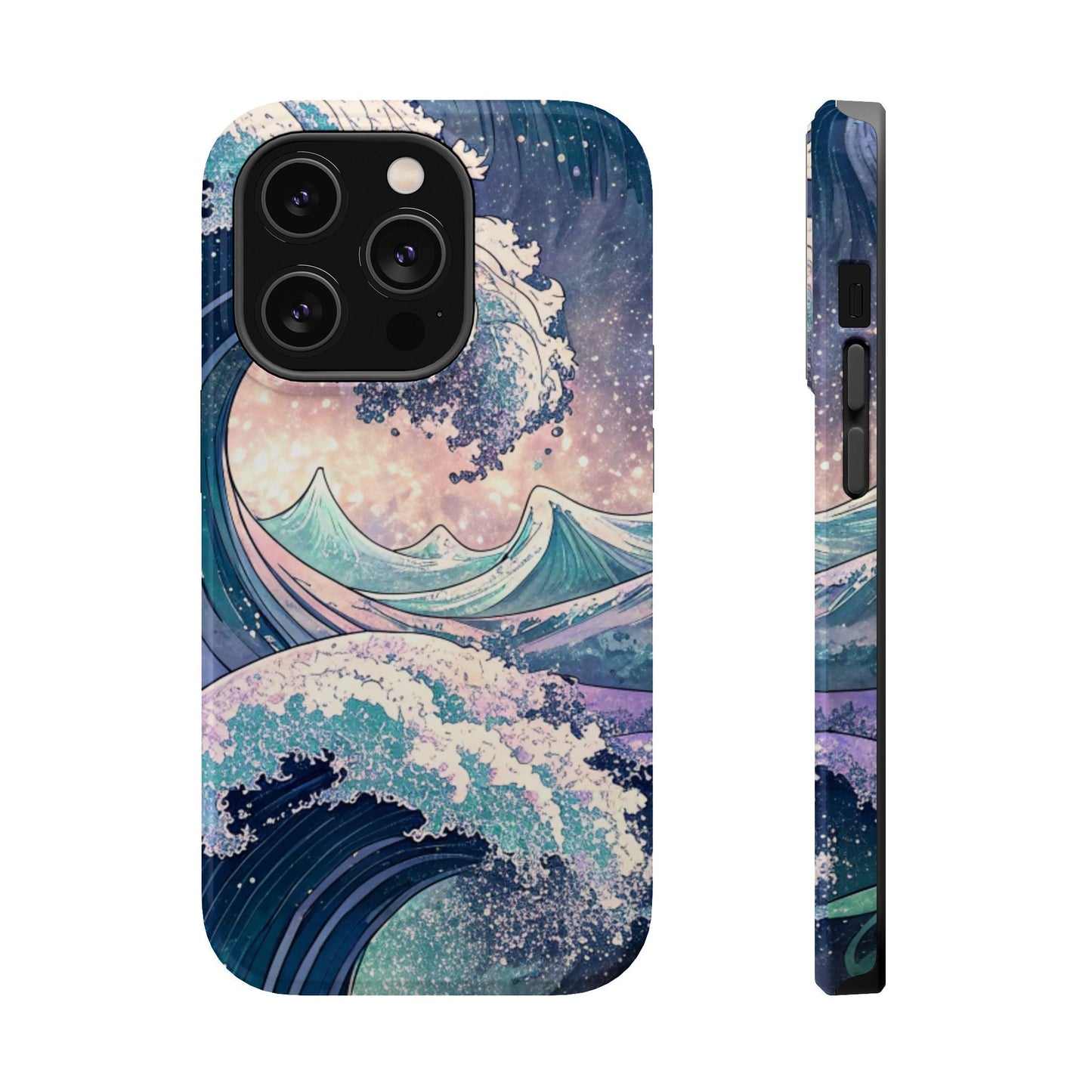 iPhone tough case with crashing waves design, magnetic MagSafe compatible, dual-layer protective polycarbonate, glossy and matte finish options