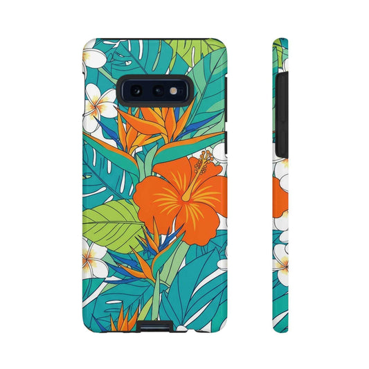 Vibrant floral Samsung phone case with tropical flower design and durable dual-layer protection