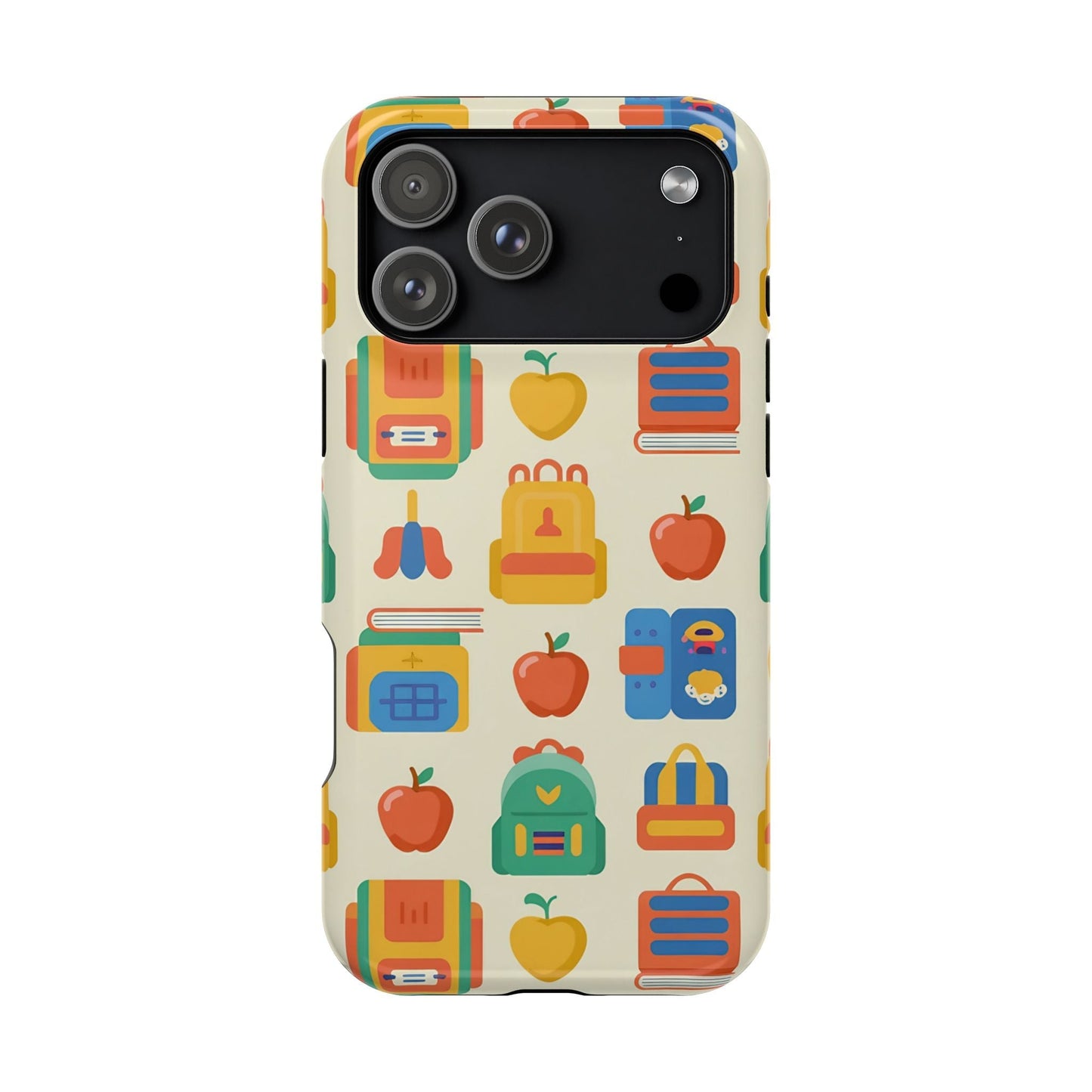 iPhone tough case with colorful back to school icons and MagSafe compatibility