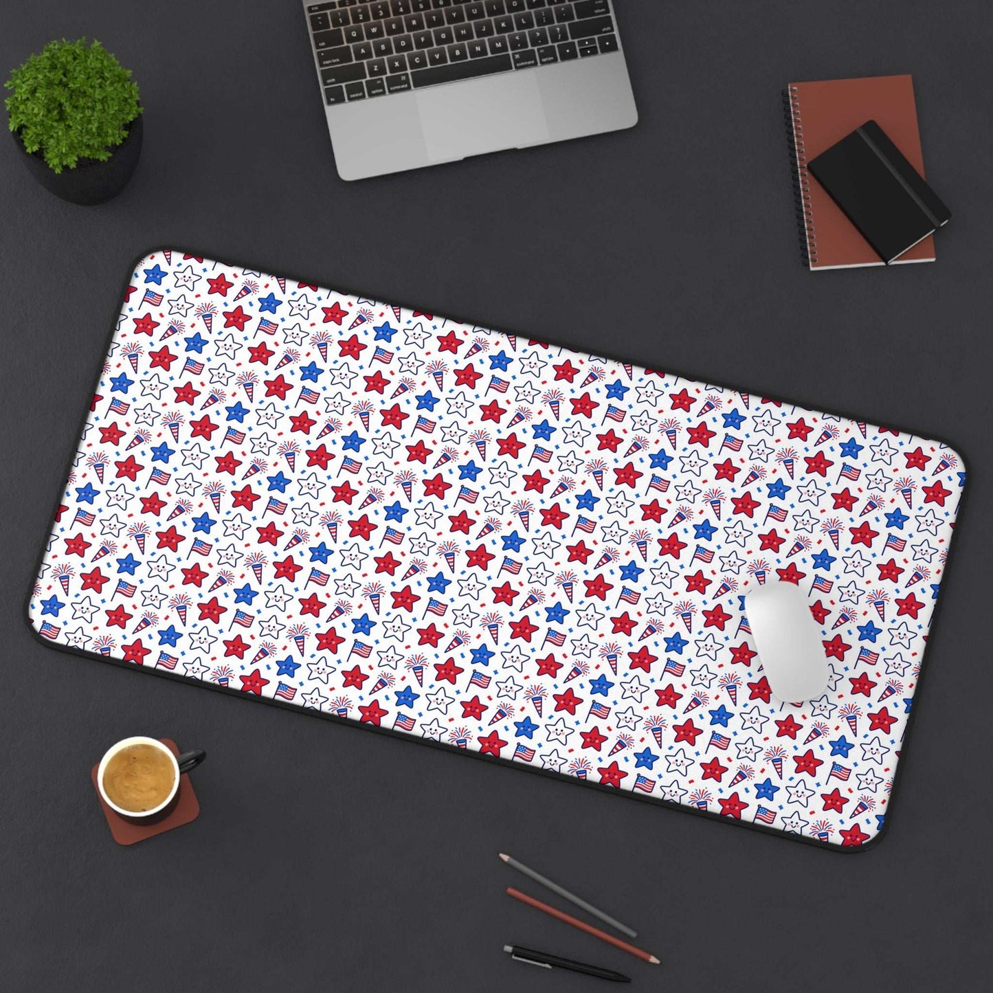Kawaii 4th of July Desk Mat – Cute Patriotic Mouse Pad, Non-Slip Neoprene, Pastel Stars & Fireworks Workspace Mat