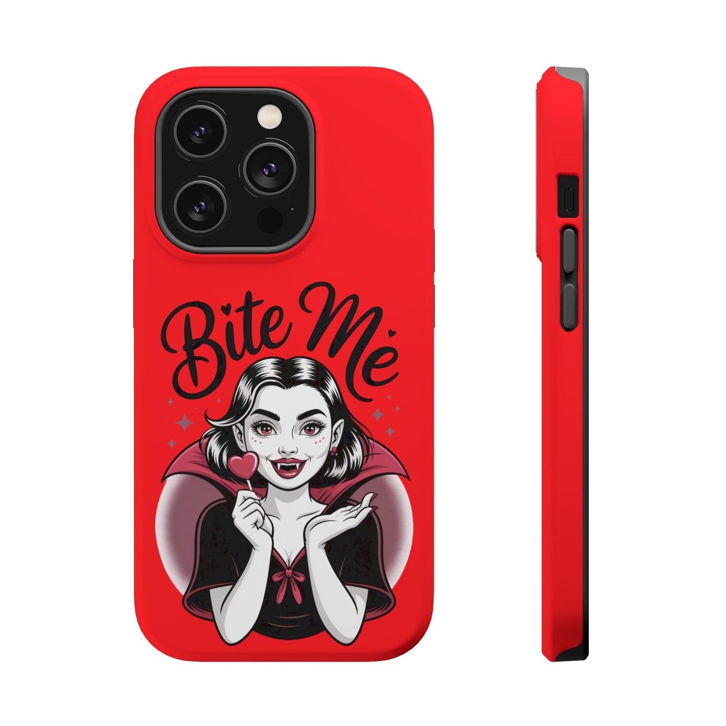 Halloween Vampire iPhone Tough Case with Bite Me vampire design in red, durable polycarbonate, MagSafe compatible, glossy or matte finish.
